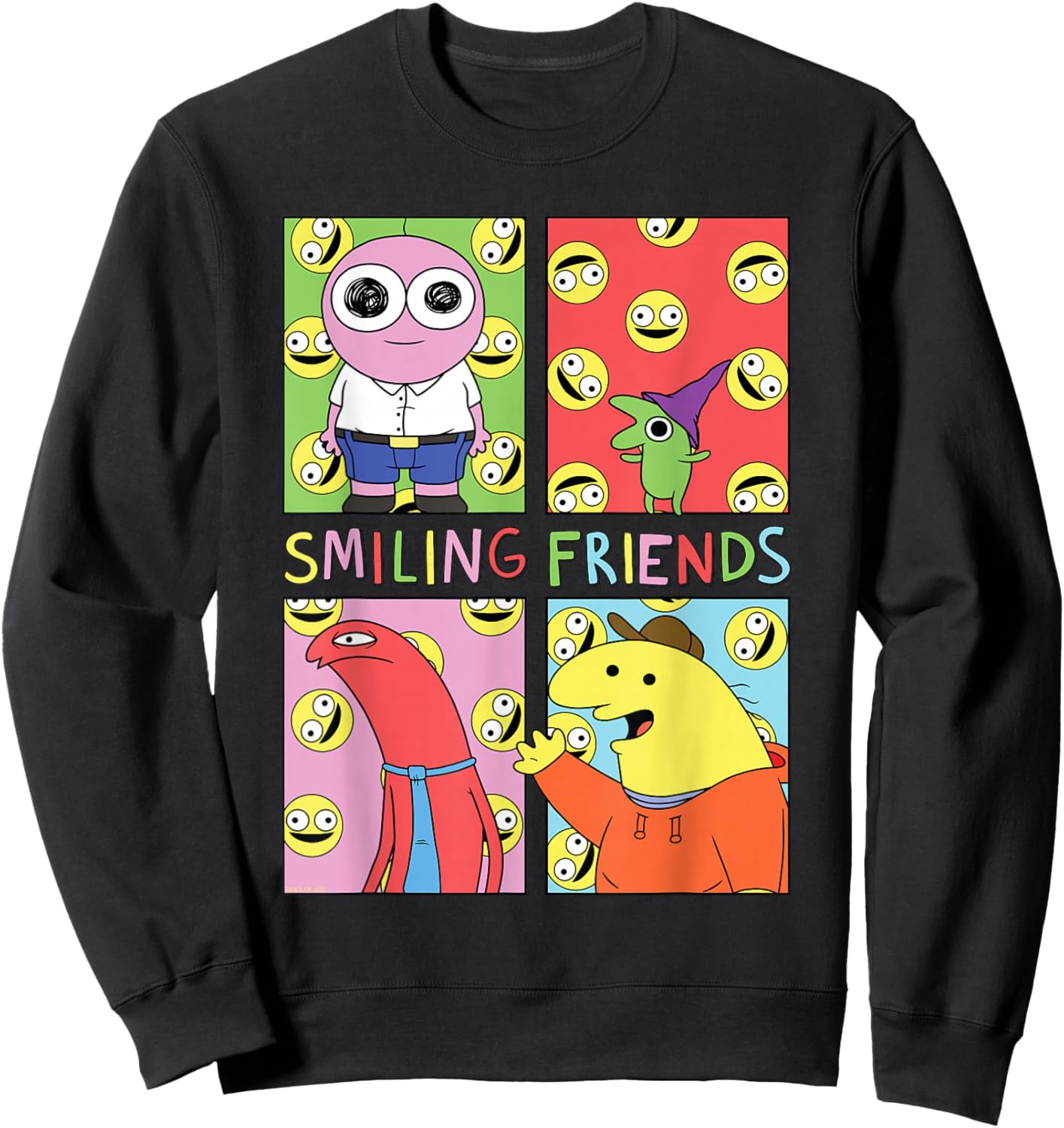 Smiling Friends Pop Art Character Grid Funny Cartoon Sweatshirt - Sweatshirt | Black