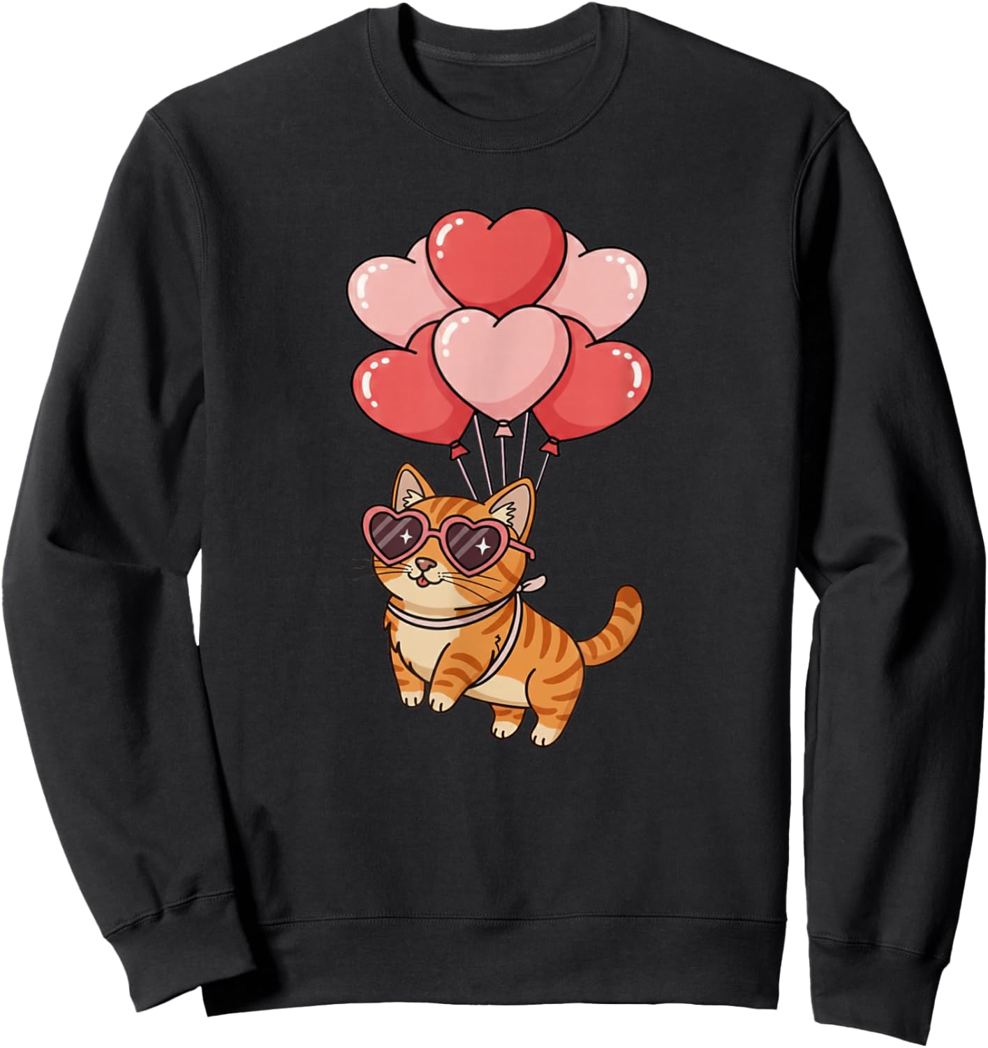 Girls Valentines Day Heart Balloons Orange Tabby Cat Sweatshirt - Sweatshirt | Black