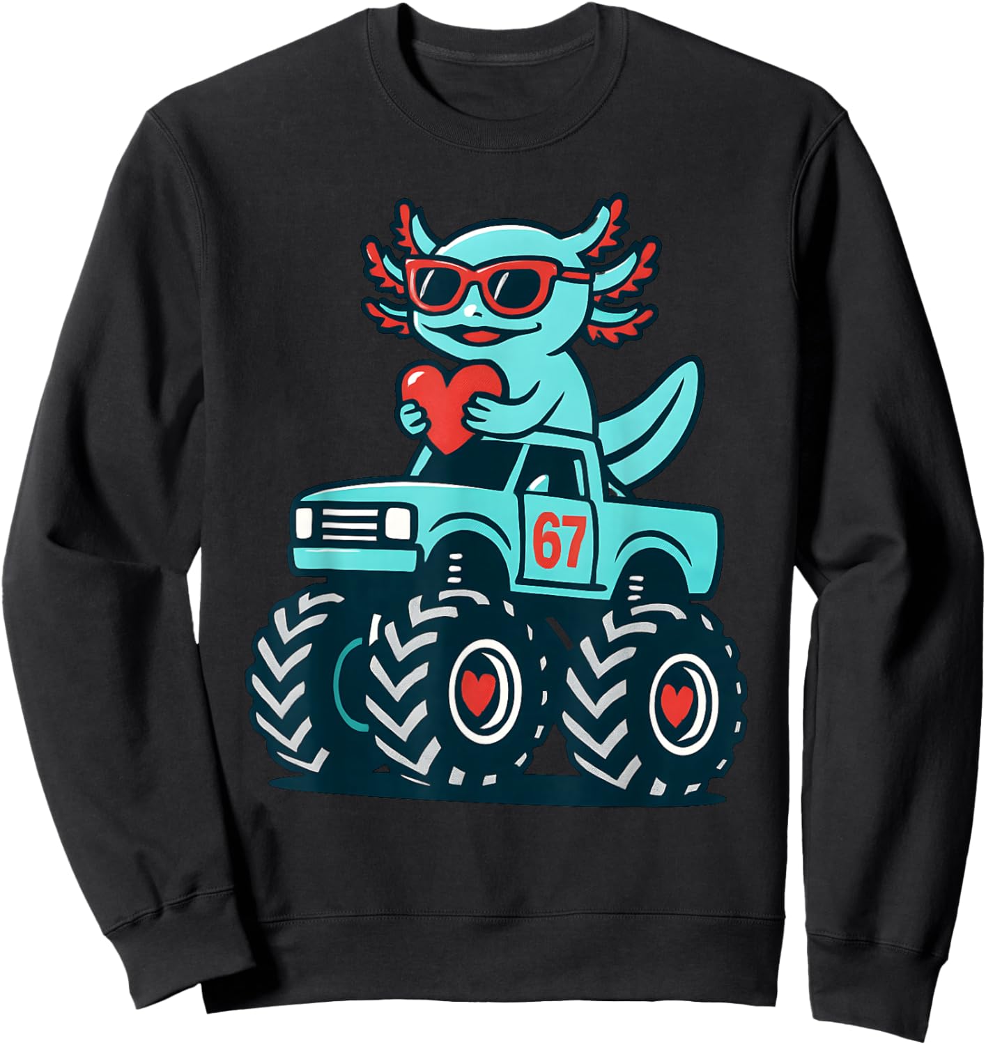 Valentines Day Axolotl 67 Meme Riding Truck Six Seven Kids Sweatshirt - Sweatshirt | Black