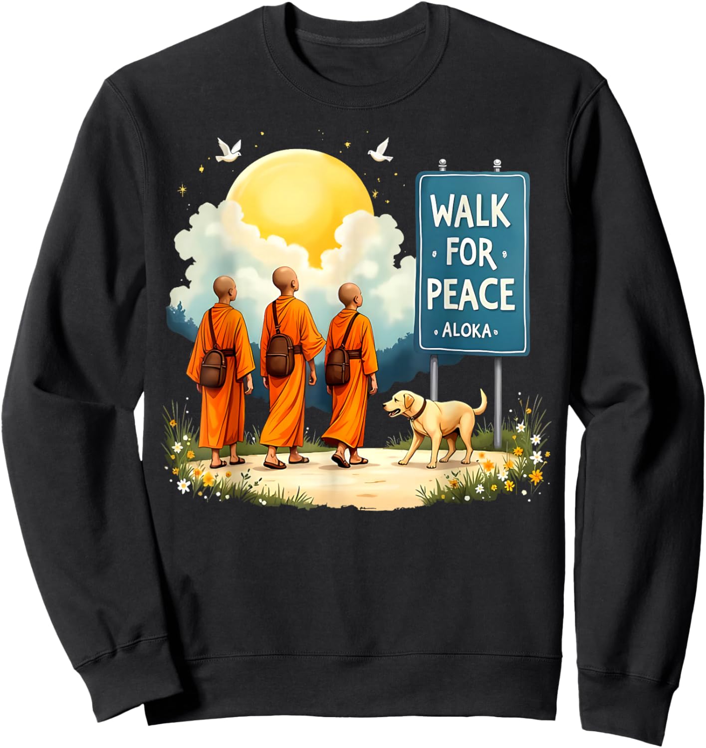 Retro Walk for Peace Monks with Aloka Dog Minimalist Zen Art Sweatshirt - Sweatshirt | Black