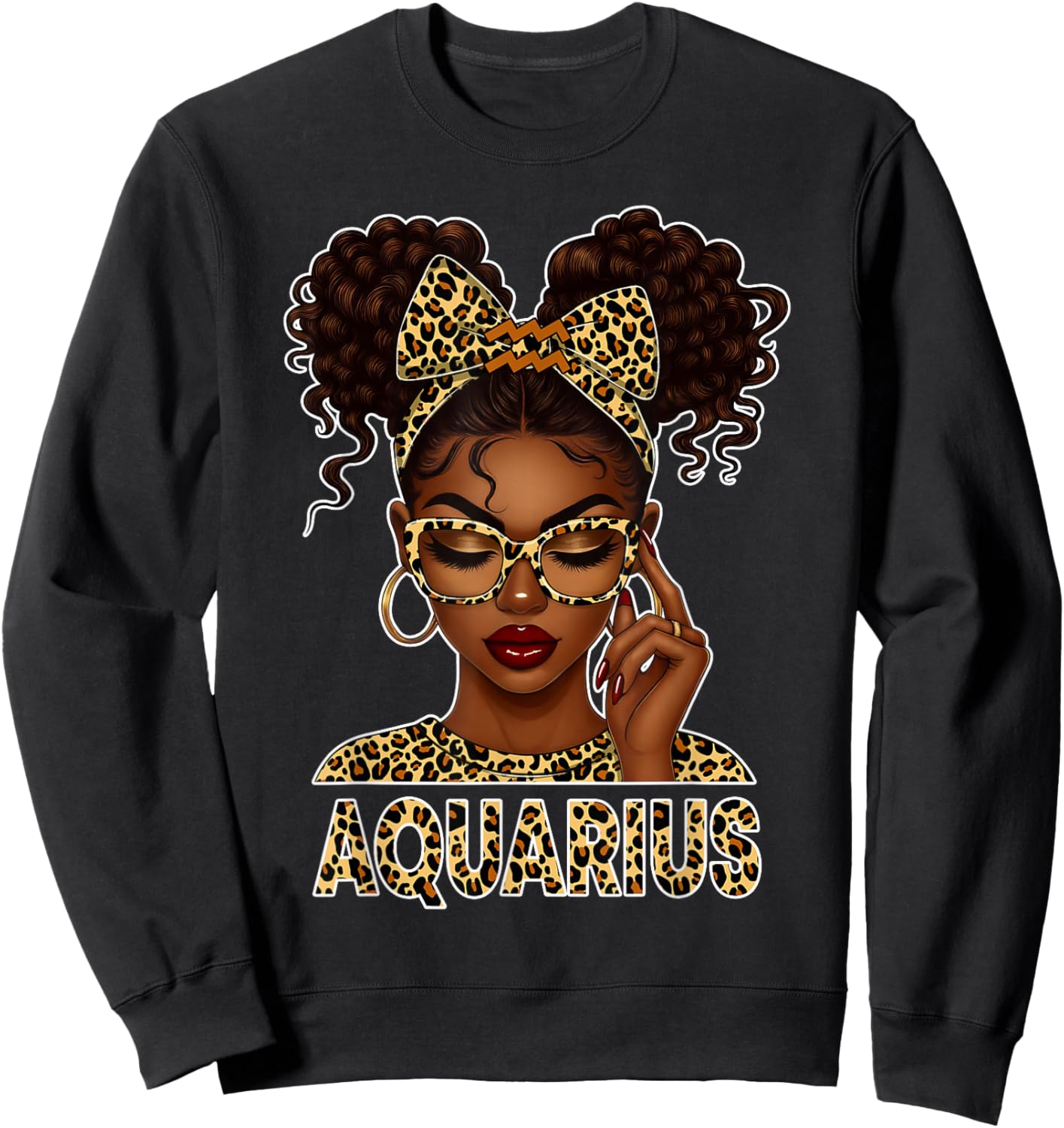 Aquarius Woman Black Girl Leopard Bow Zodiac Birthday Sweatshirt - Sweatshirt | Black