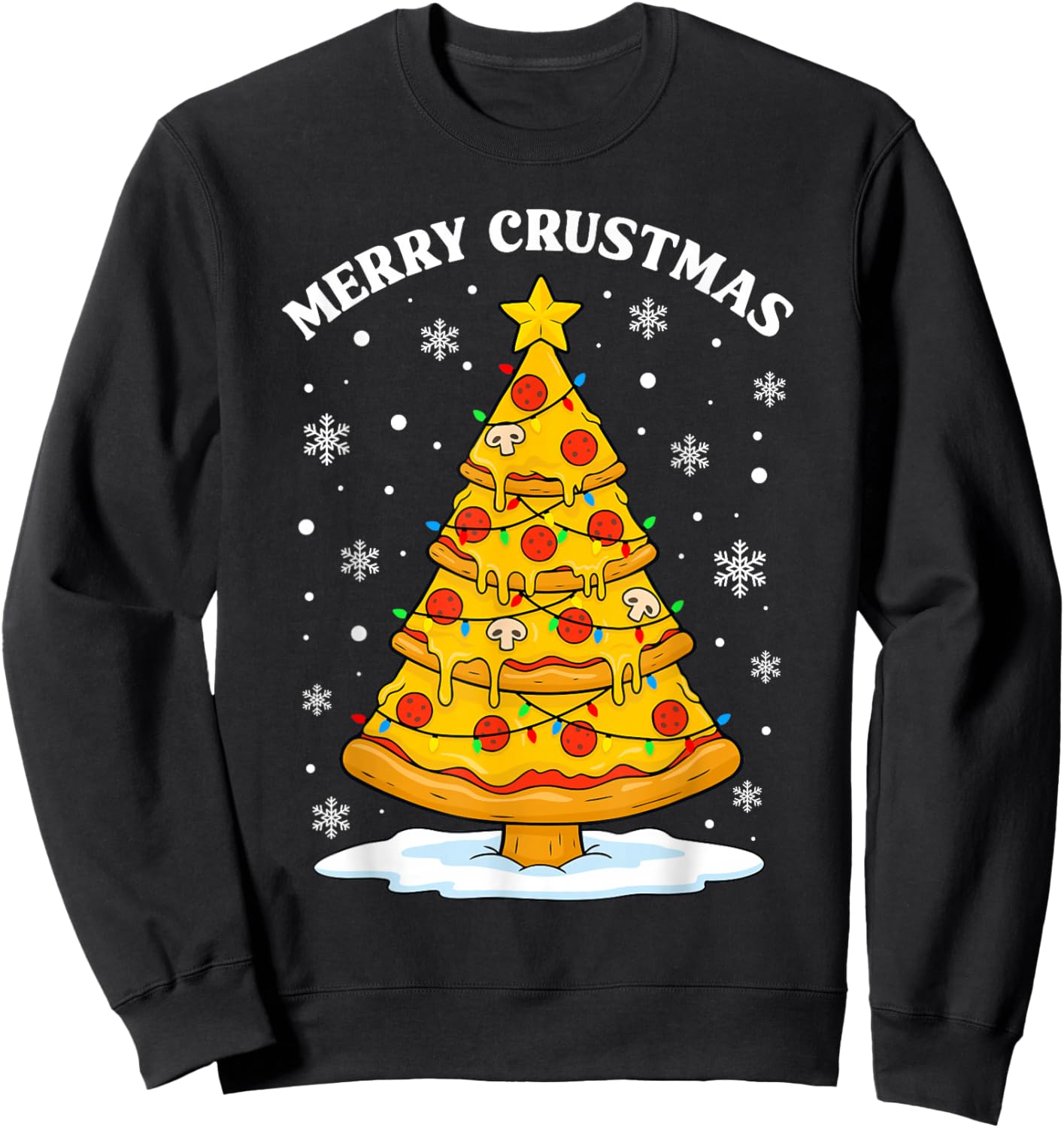 Merry Crustmas Pizza Christmas Tree Lights Food Xmas Holiday Sweatshirt - Sweatshirt | Black