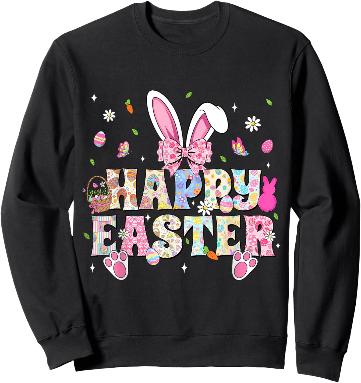 Happy Easter Bunny Rabbit Face Funny Easter Day Women Girls Sweatshirt - Sweatshirt | Black