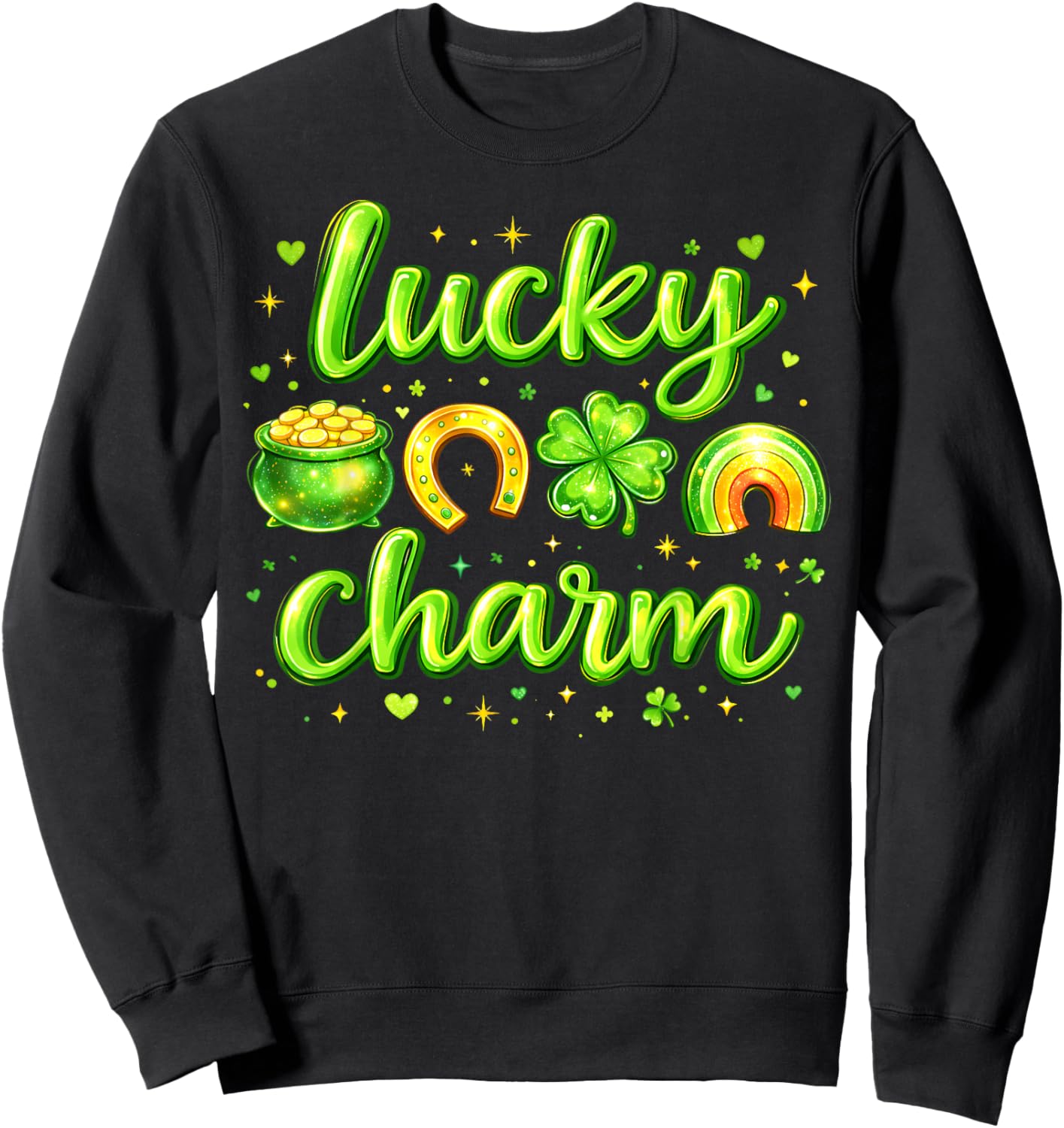 St Patricks Day Lucky Charm Rainbow Clover Gold Pot Hearts Sweatshirt - Sweatshirt | Black