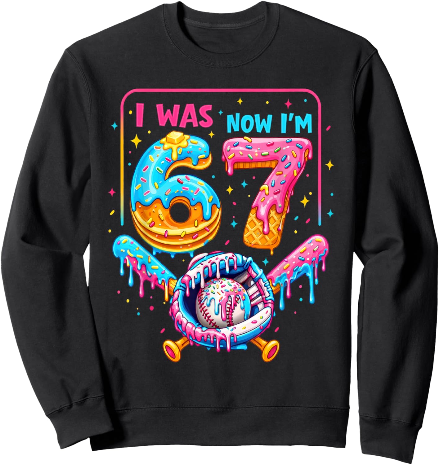 7th Birthday Boys I was 6 Now I'm 7 Baseball Ice Cream Drip Sweatshirt - Sweatshirt | Black