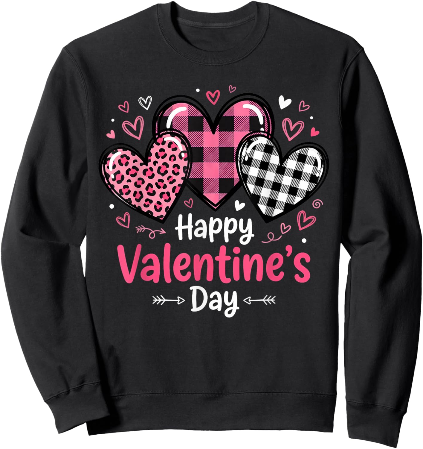 Happy Valentines Day Leopard and Plaid Love Hearts Women Sweatshirt - Sweatshirt | Black