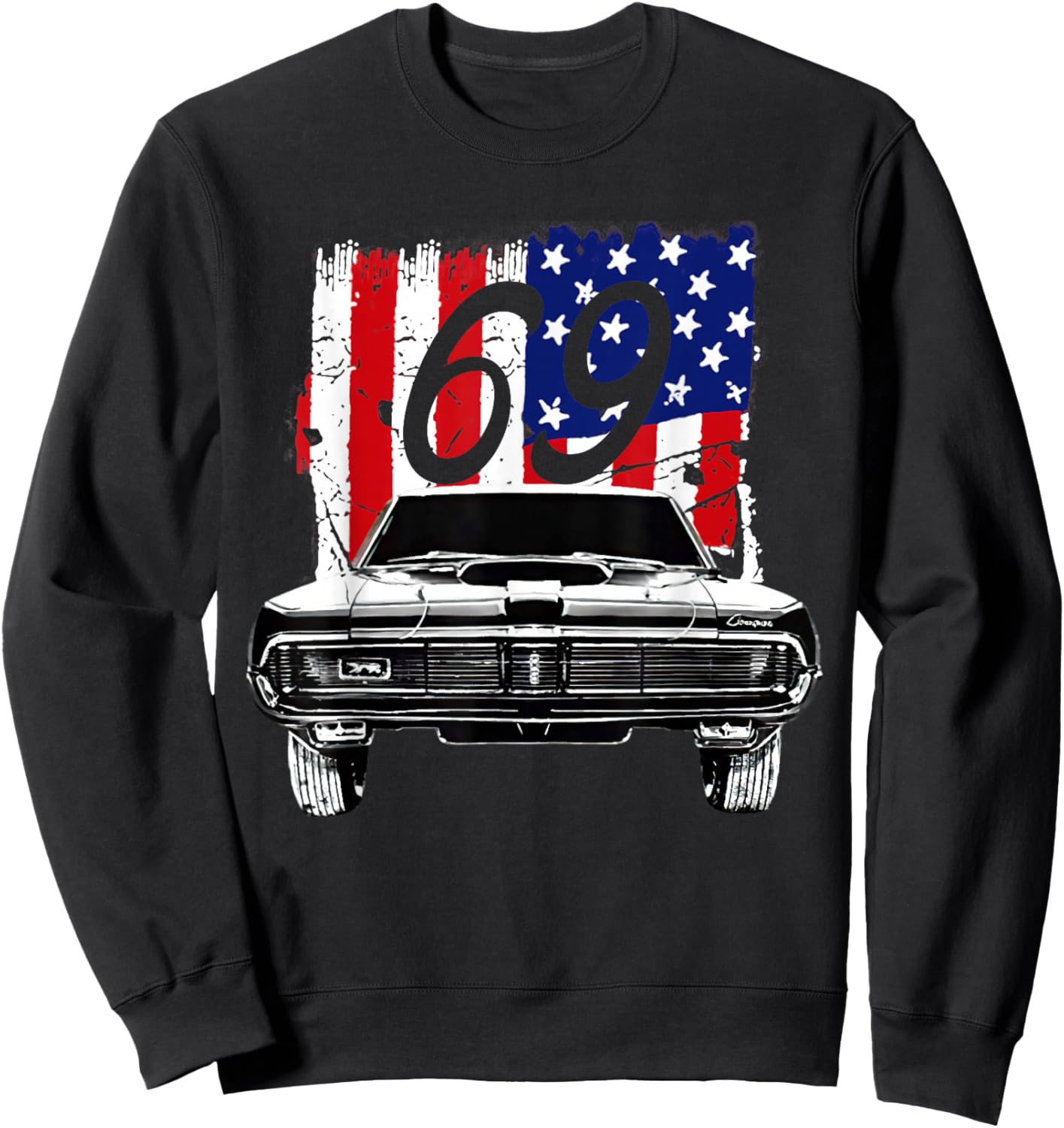 1969 69 Mercury Cougar Red Classic Vintage Old Car USA Flag Sweatshirt - Sweatshirt | Black