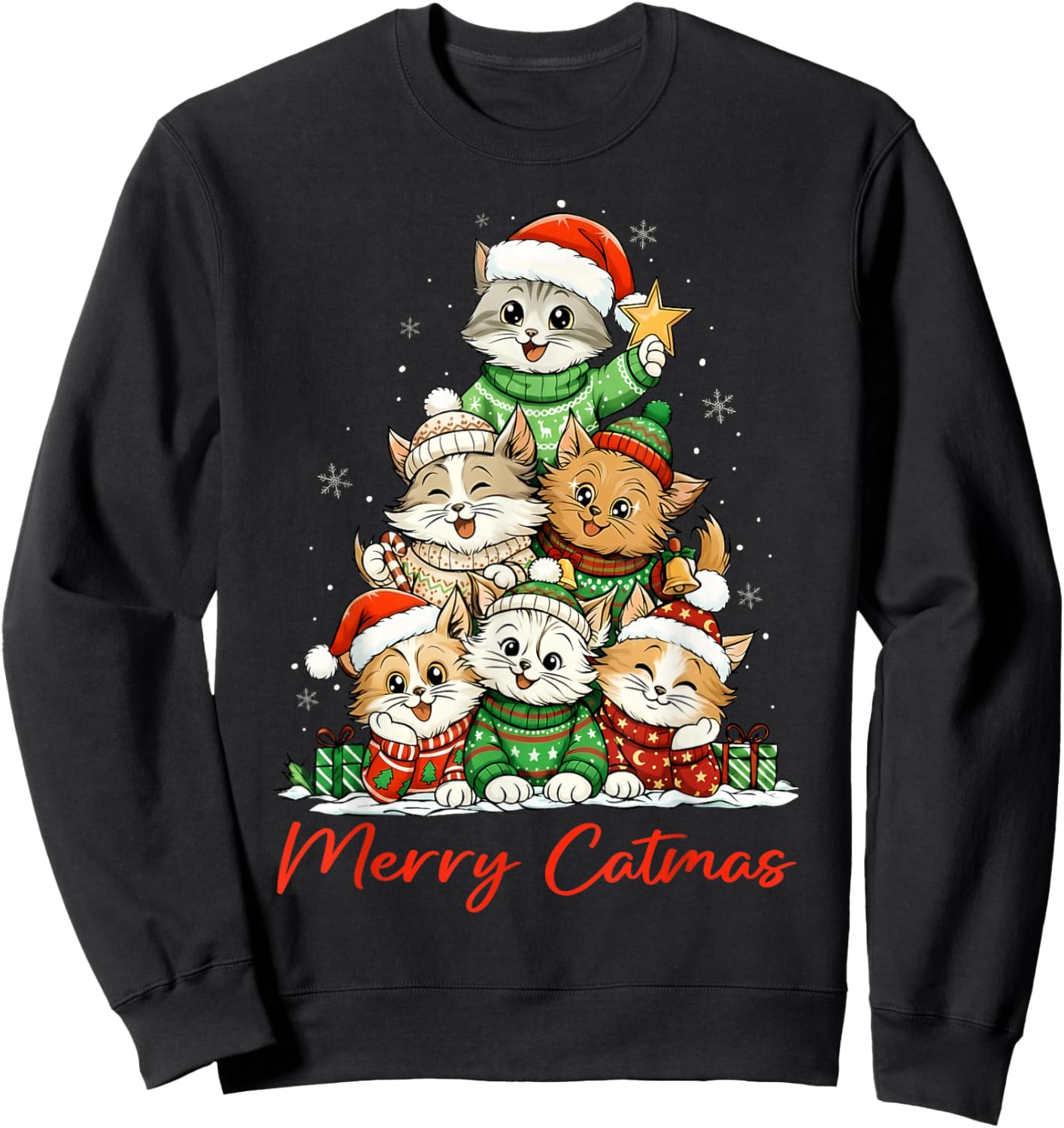 Merry Christmas Funny Christmas Tree Meowy Catmas Women Kids Sweatshirt - Sweatshirt | Black