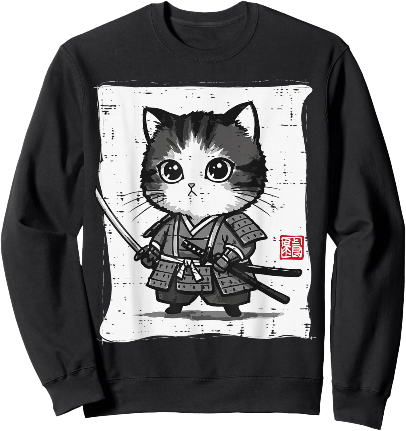 Japanese Cat Kitten Samurai Kawaii Art Women Girls Kids Men Sweatshirt - Sweatshirt | Black