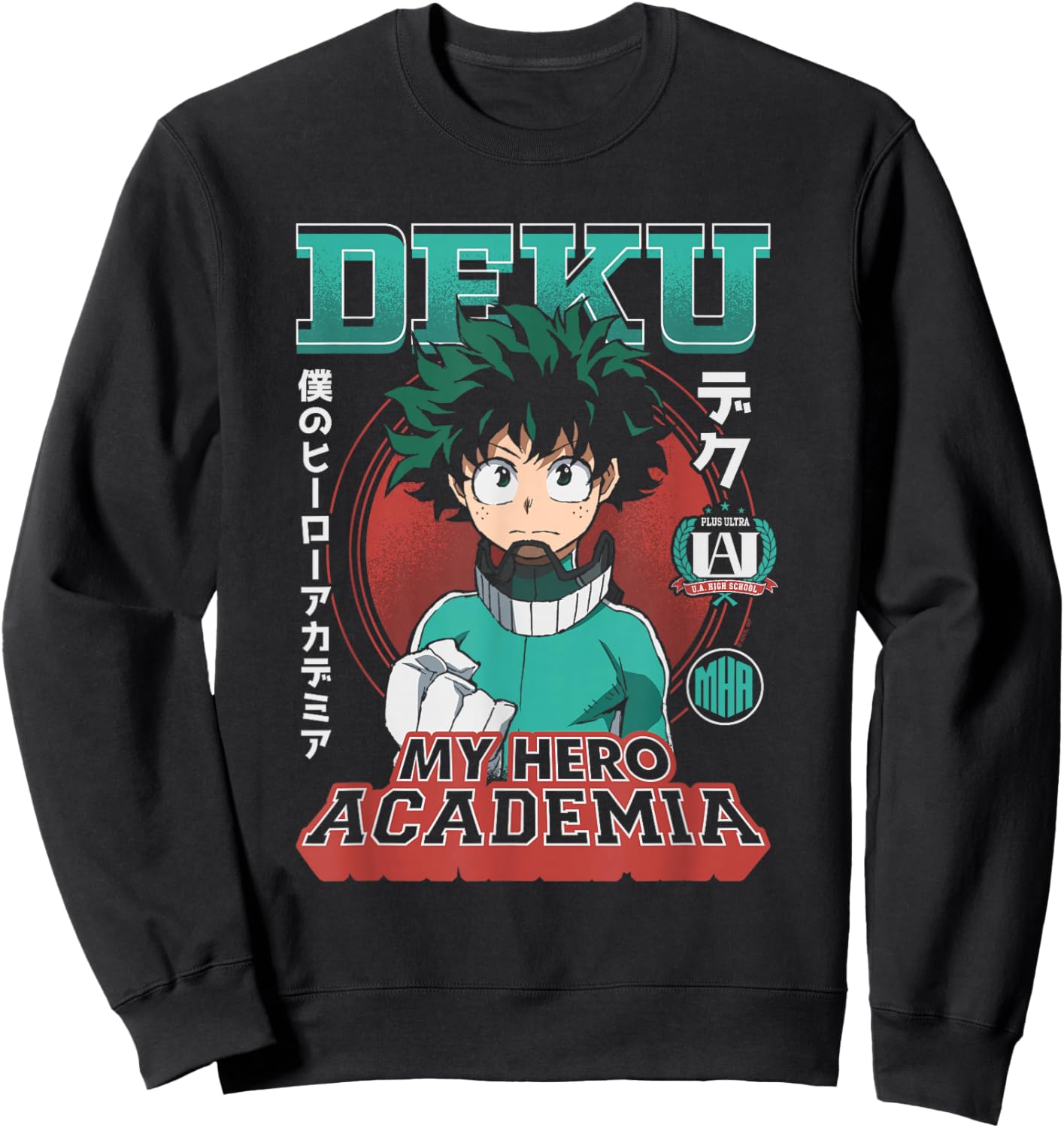 MHA Deku Portrait Collage with Badges and Kanji Anime Sweatshirt - Sweatshirt | Black