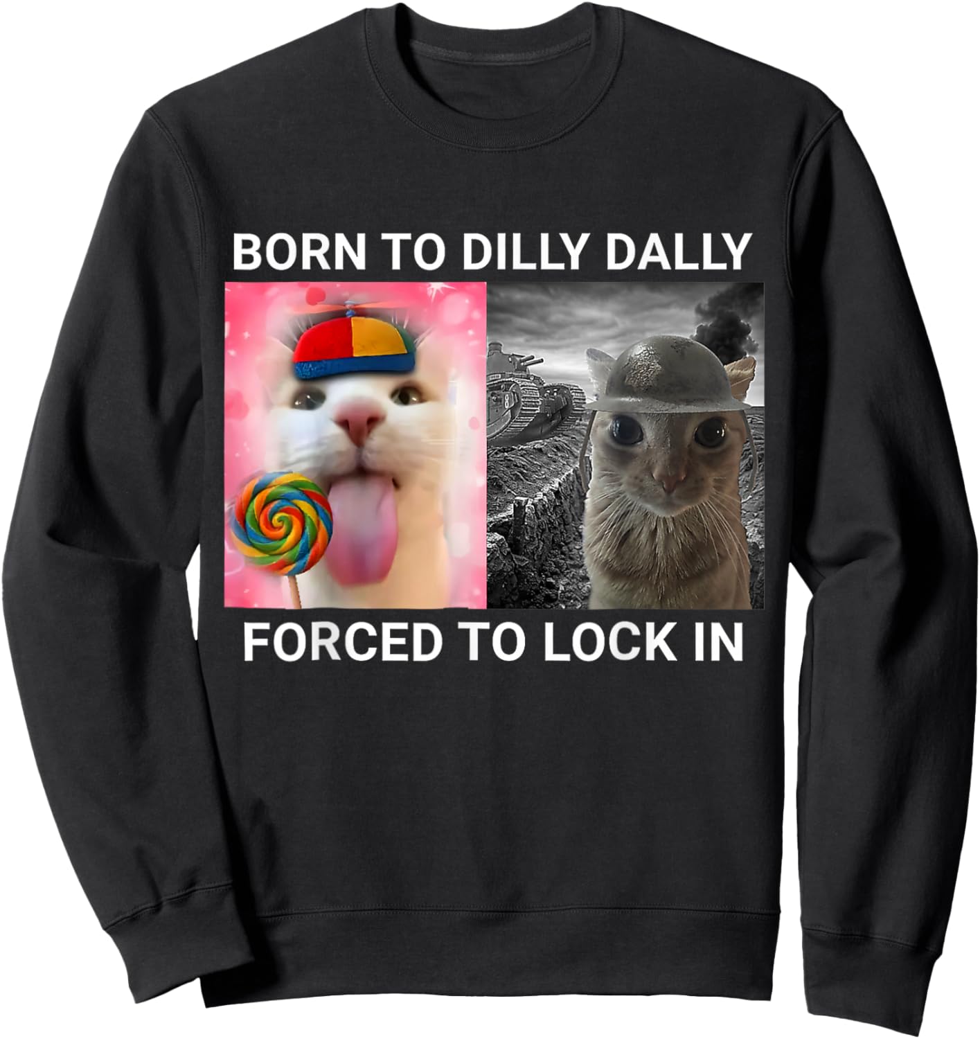Born to Dilly Dally Forced to Lock in Funny Cat Meme Sweatshirt - Sweatshirt | Black
