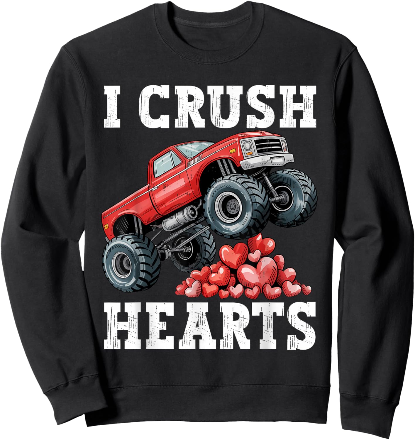 Monster Truck Teens Kids Boys I Crush Heart Valentines Day Sweatshirt - Sweatshirt | Black