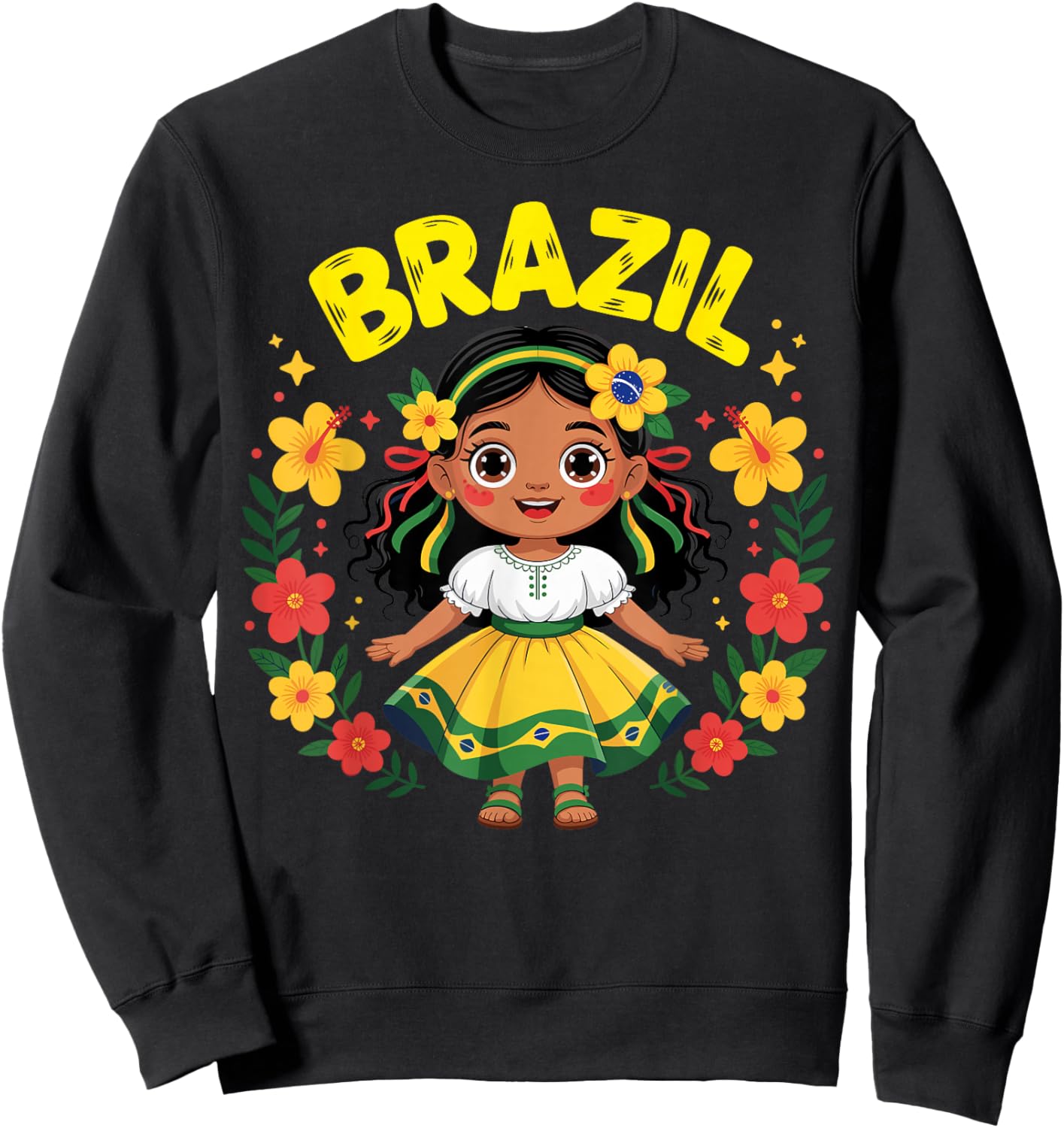 Cute Brazil Girl Traditional Dress Flag Colors Art for Kids Sweatshirt - Sweatshirt | Black