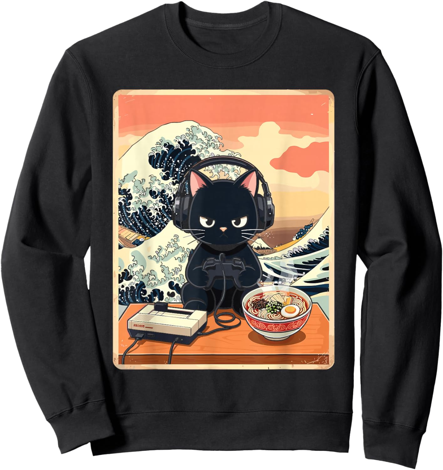 Retro Gamer Cat with Ramen Great Wave for Anime Fans Sweatshirt - Sweatshirt | Black