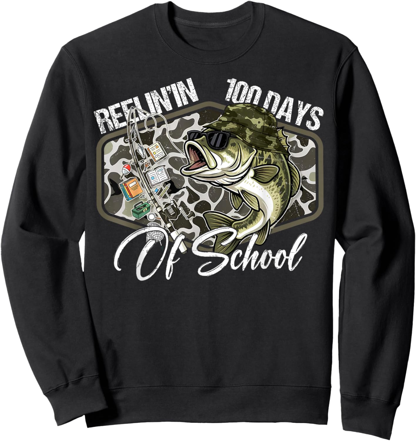 Retro Reelin’ in 100 Days of School Camo Bass Fishing Boys Sweatshirt - Sweatshirt | Black
