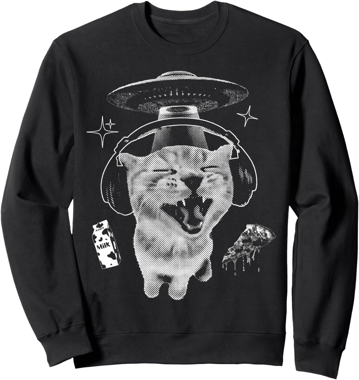 Alien Cat Meme Y2k Kitten Cute Headphones Cat Silly Graphic Sweatshirt - Sweatshirt | Black