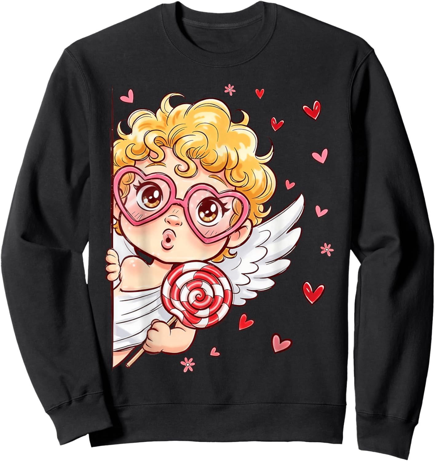 Retro Cupid Cute Heart Sunglasses Happy Valentine Men Women Sweatshirt - Sweatshirt | Black