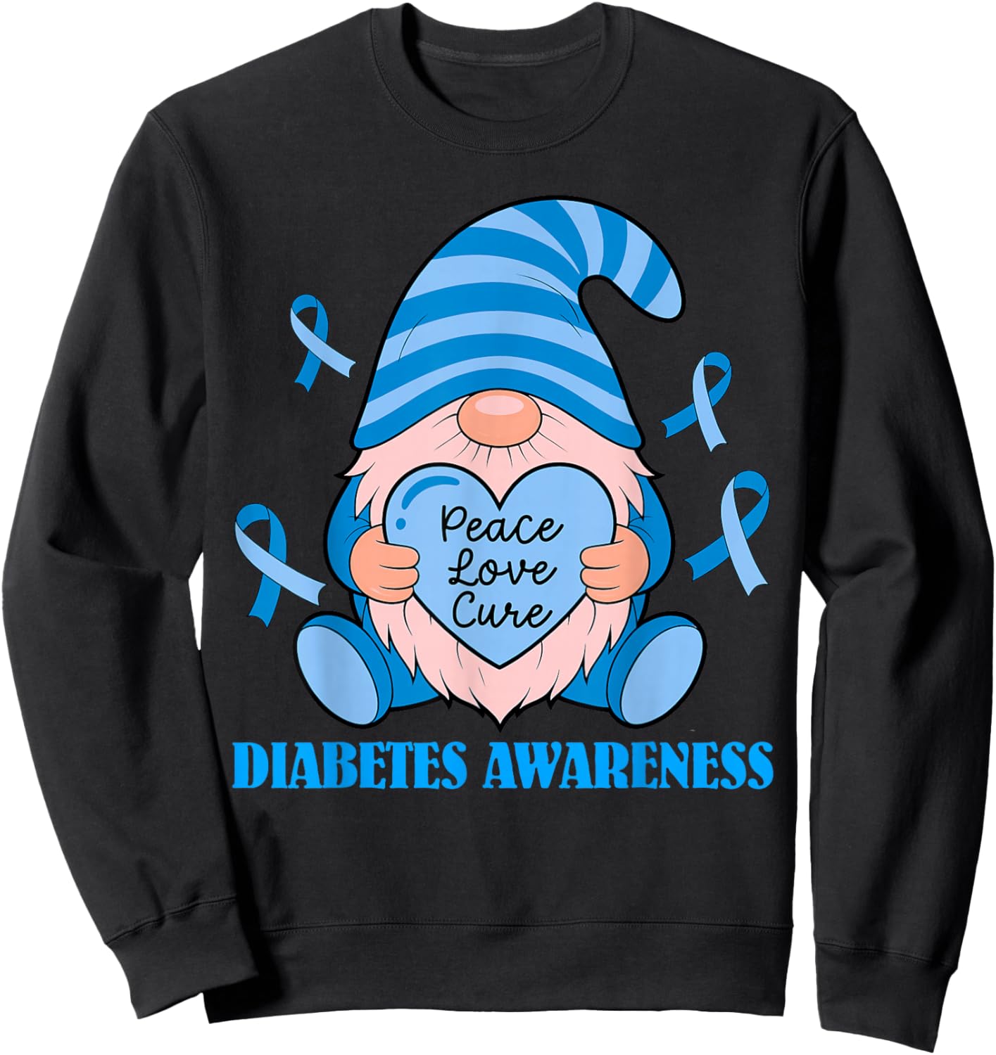 Groovy Gnome Diabetes Awareness Month Ribbon Blue Women Girl Sweatshirt - Sweatshirt | Black