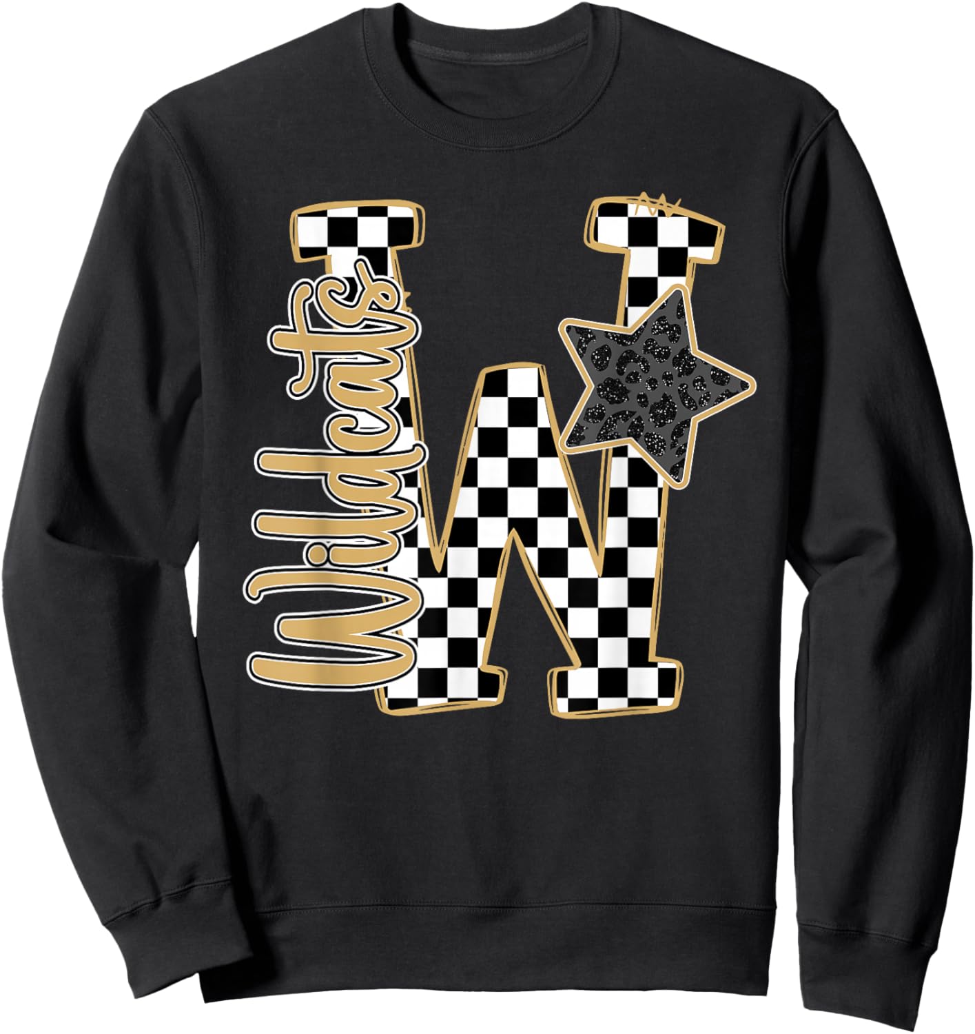 Gold Wildcats Checkered Print Star Leopard School Spirit Sweatshirt - Sweatshirt | Black