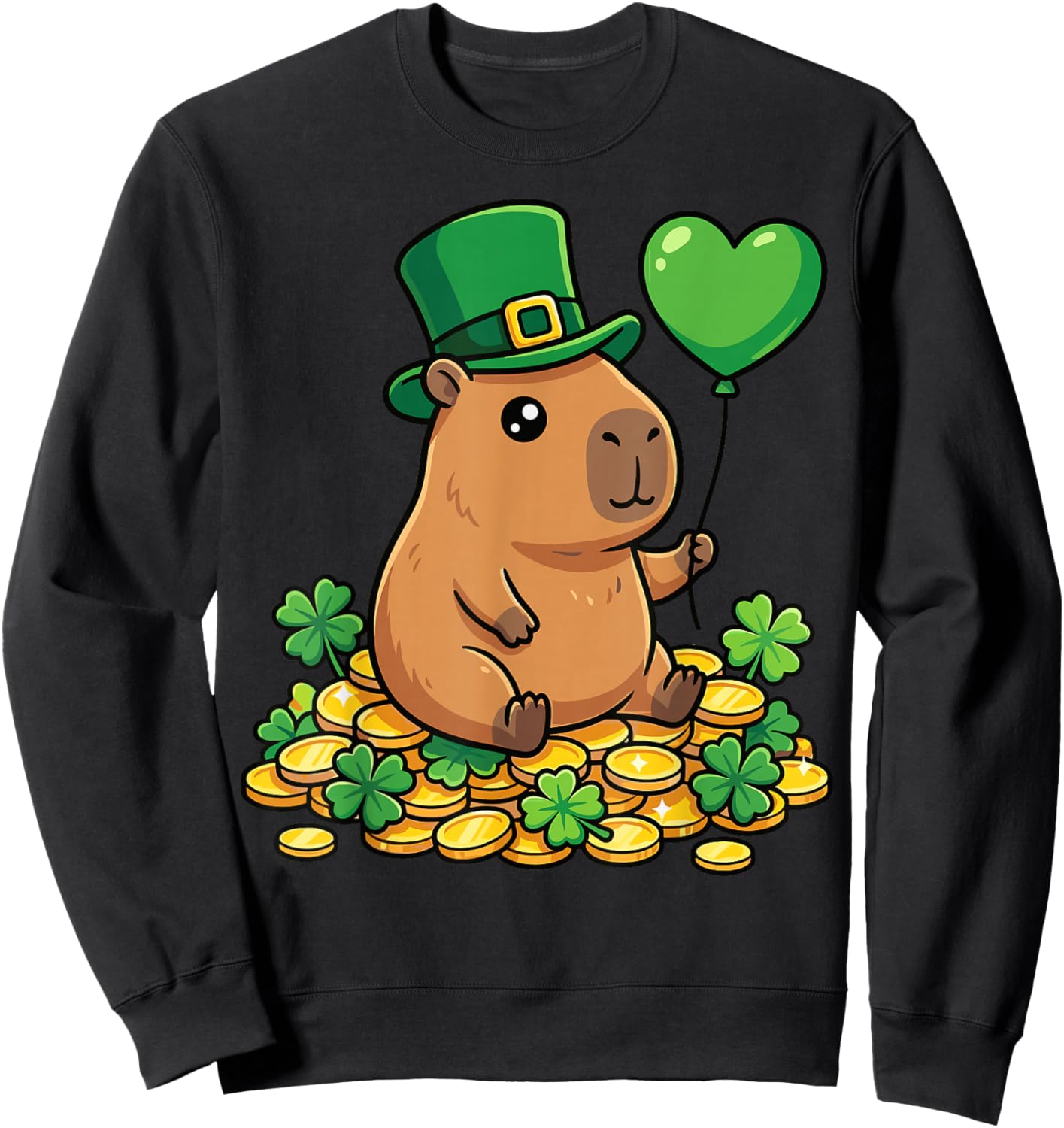 Lucky Capybara St Patricks Day Clover Leprechaun Hat Kawaii Sweatshirt - Sweatshirt | Black