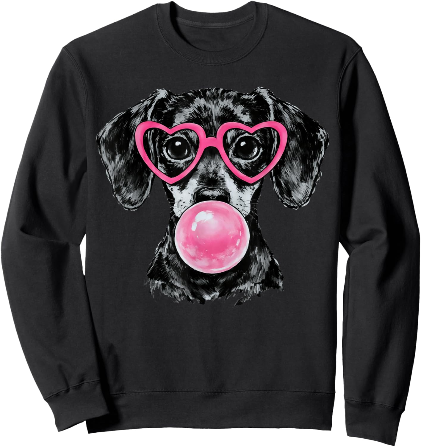 Valentines Dachshund Dog Blowing Bubble Pink Heart Glasses Sweatshirt - Sweatshirt | Black