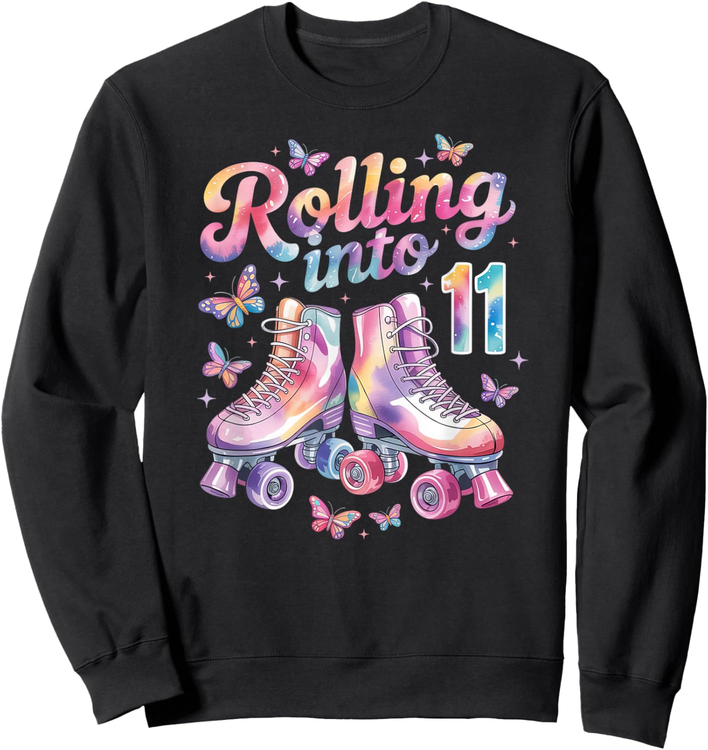 Rolling Into 11 Butterfly Roller Skate Birthday 11 Years Old Sweatshirt - Sweatshirt | Black