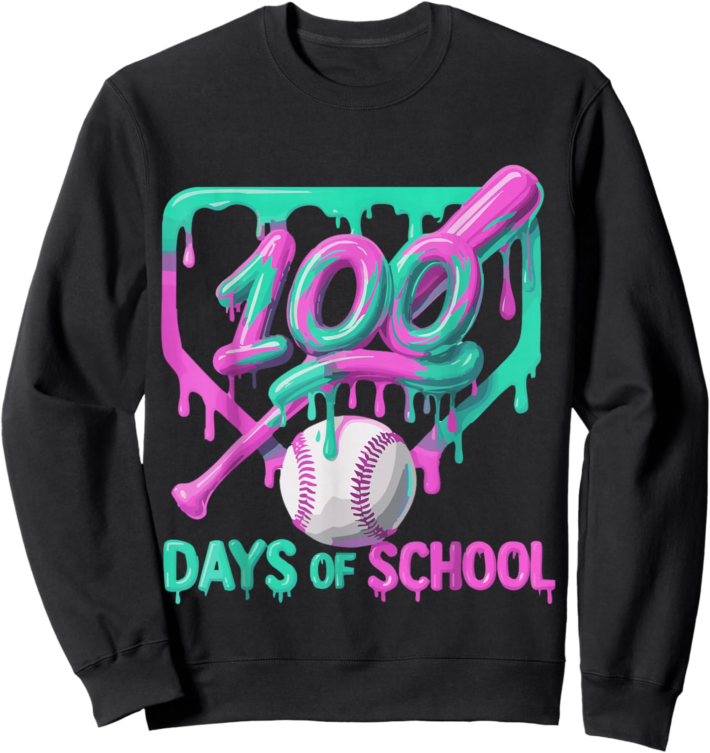 100 Days of School Baseball Ice Cream Drip 100th Day Player Sweatshirt - Sweatshirt | Black