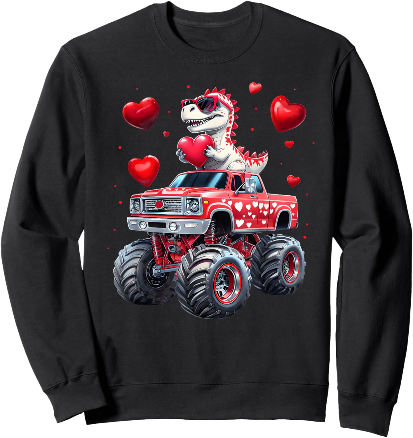 T Rex Riding Monster Truck Funny Toddler Boys Valentine Sweatshirt - Sweatshirt | Black