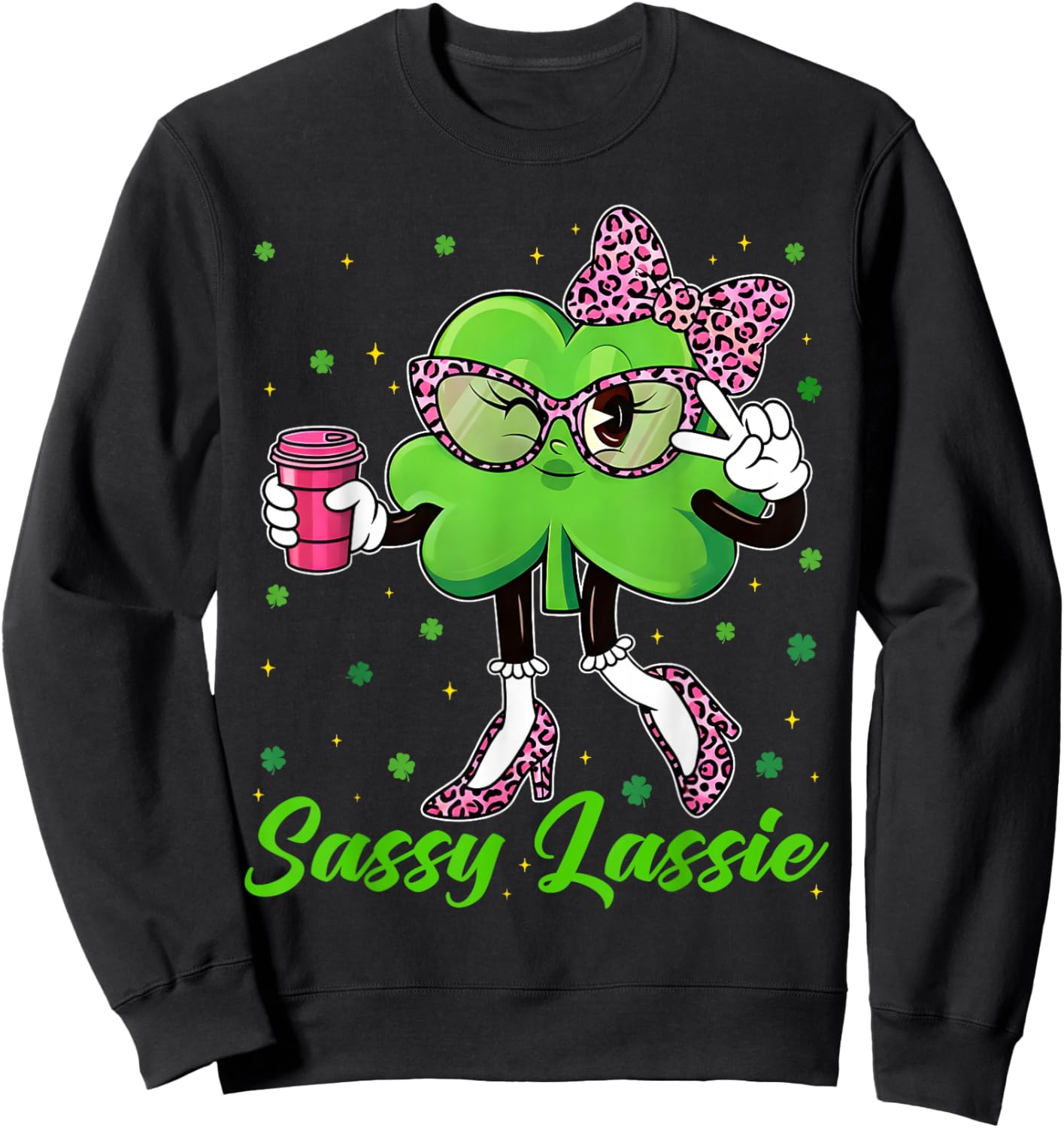 Funny Sassy Lassie Shamrock Leopard St Patricks Women Girl Sweatshirt - Sweatshirt | Black