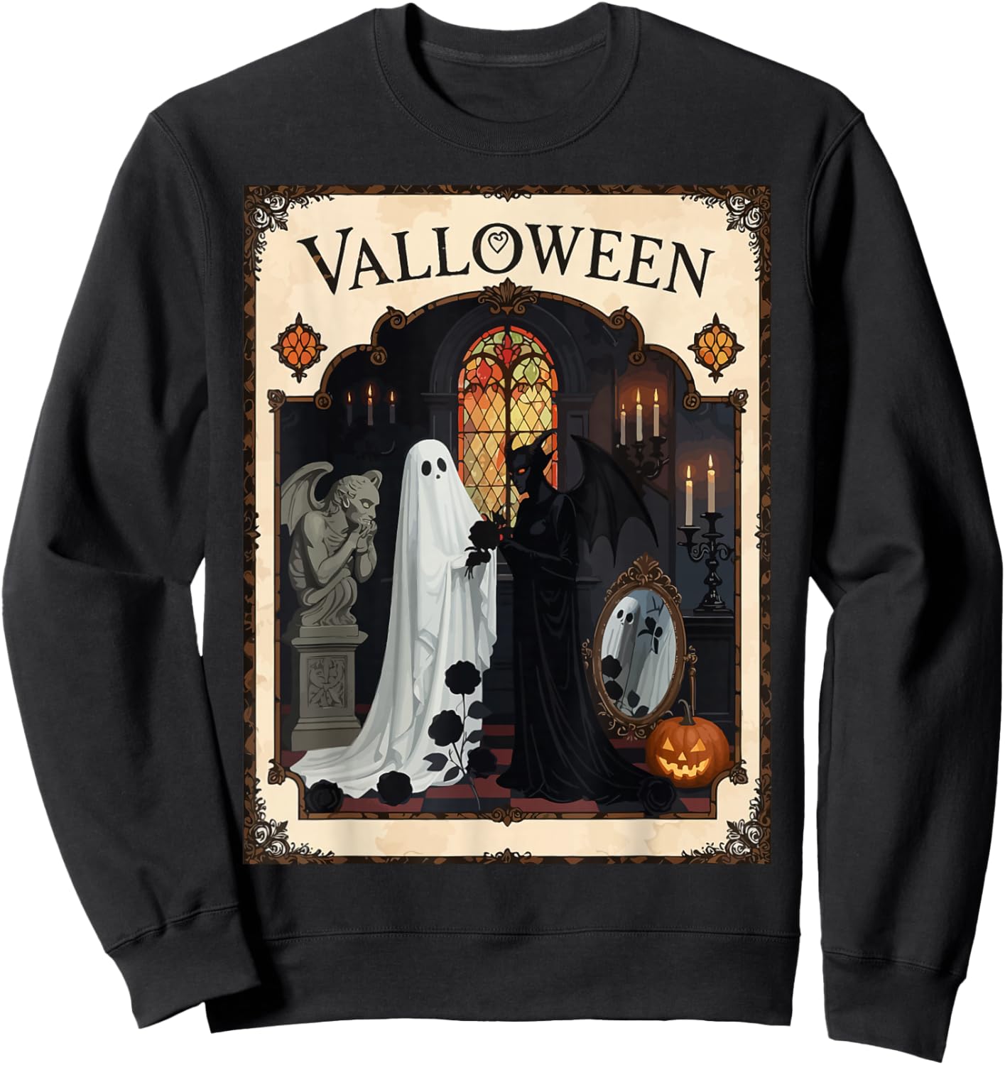 Valloween Ceremony Ghost and Robed Figure Sweatshirt - Sweatshirt | Black