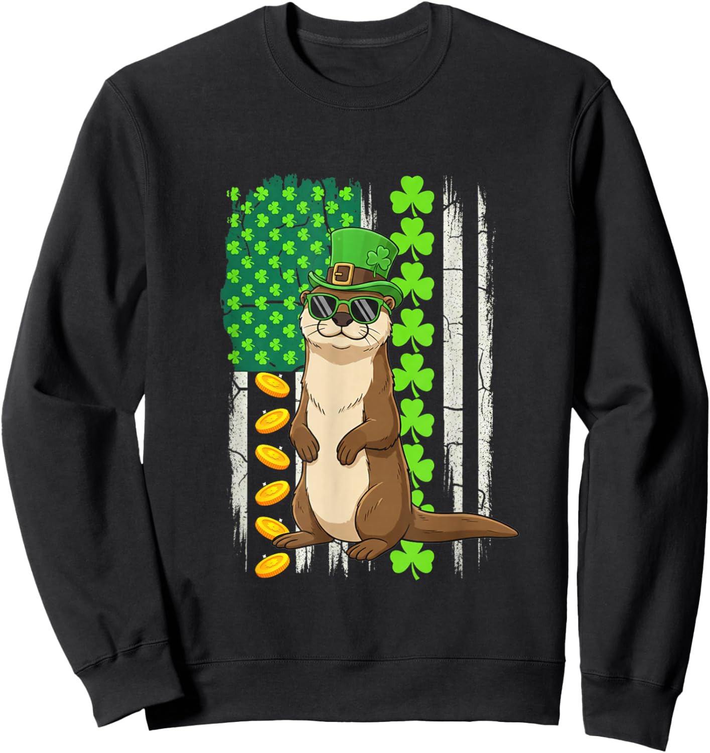 US Flag Shamrocks St. Patrick's Day Otter Lover Kids Family Sweatshirt - Sweatshirt | Black