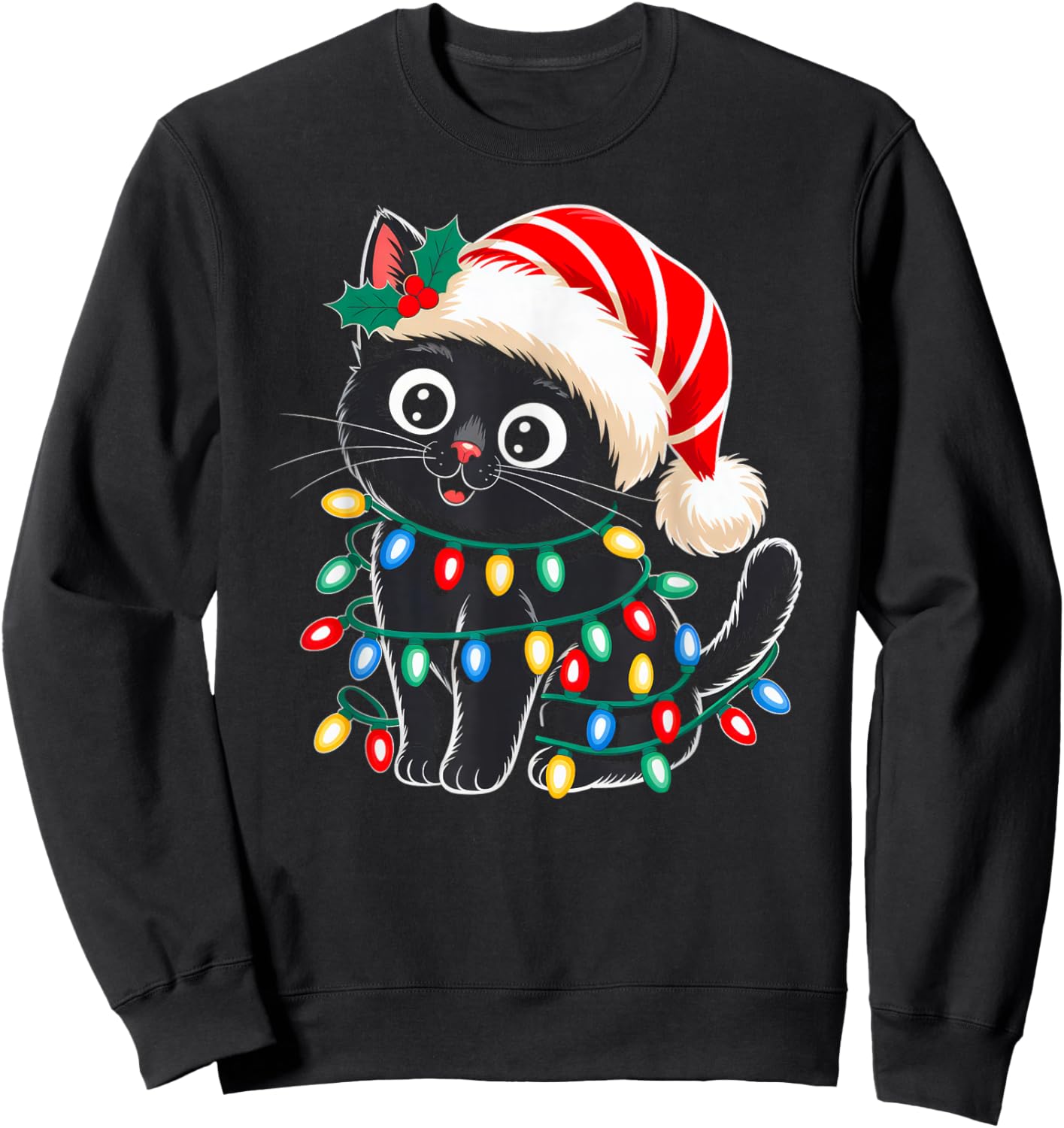 Black Cat Christmas Lights Santa Hat Xmas Pajamas Cat Lover Sweatshirt - Sweatshirt | Black