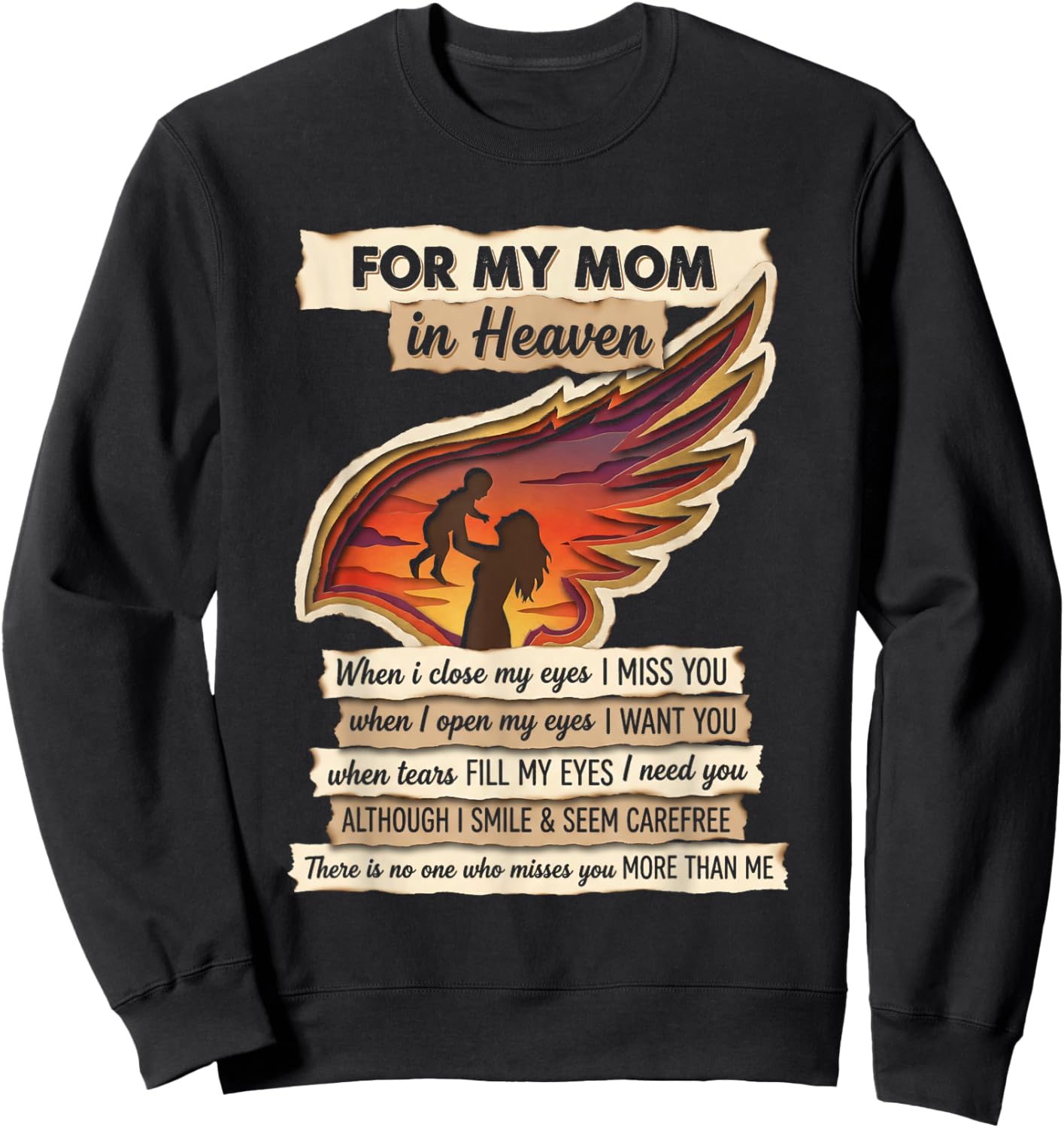for My Mom in Heaven Missing You Remembrance Angel Wing Sweatshirt - Sweatshirt | Black