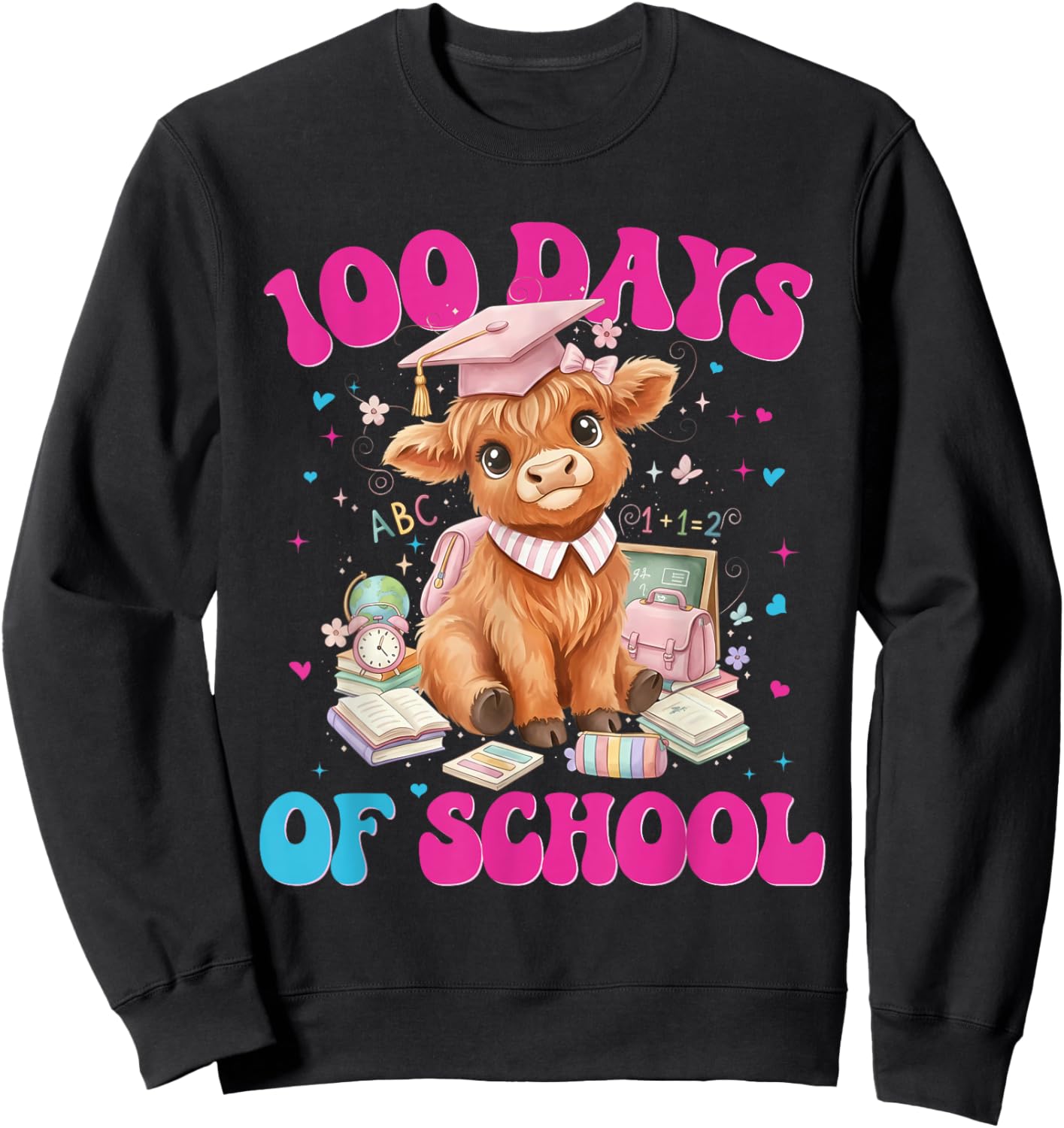 Cute Cow 100 Days of School Fun for Teachers Students Sweatshirt - Sweatshirt | Black
