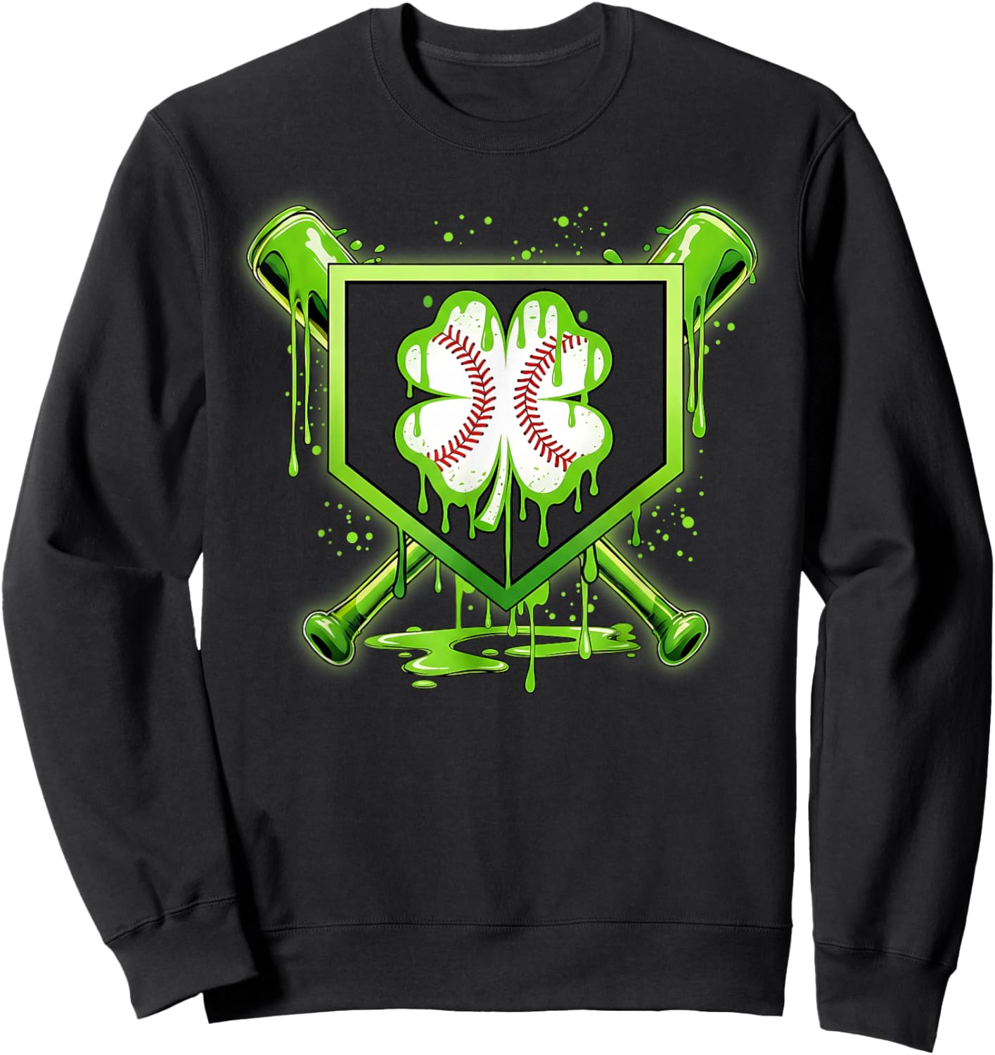Baseball Icecream St Patrick's Day Lucky Charm Shamrock Drip Sweatshirt - Sweatshirt | Black