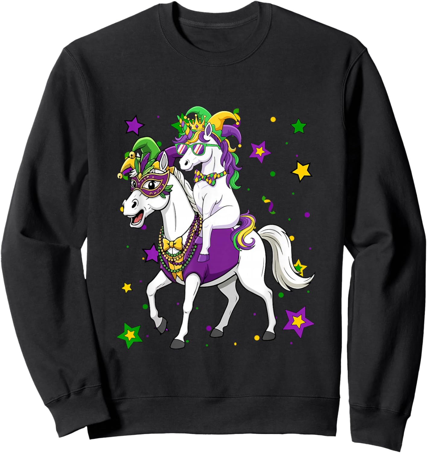 Unicorn Riding Horse Mardi Gras Beads Masked Jester Hat Sweatshirt - Sweatshirt | Black