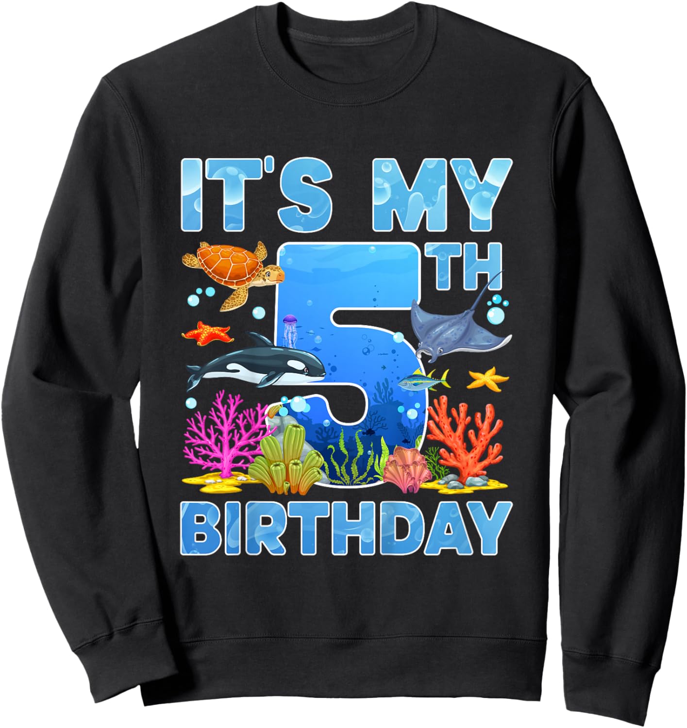 Fifth Ocean Birthday Party 5 Year Old Sea Animals Sweatshirt - Sweatshirt | Black