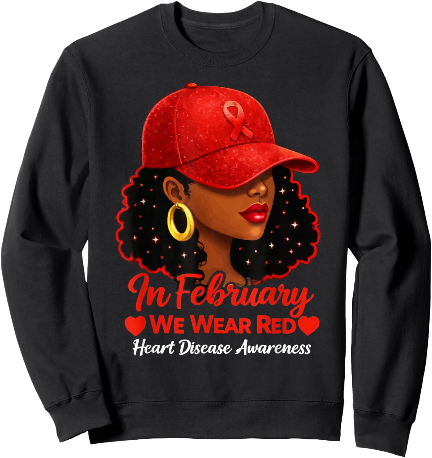 in February We Wear Red Black Women Heart Disease Awareness Sweatshirt - Sweatshirt | Black