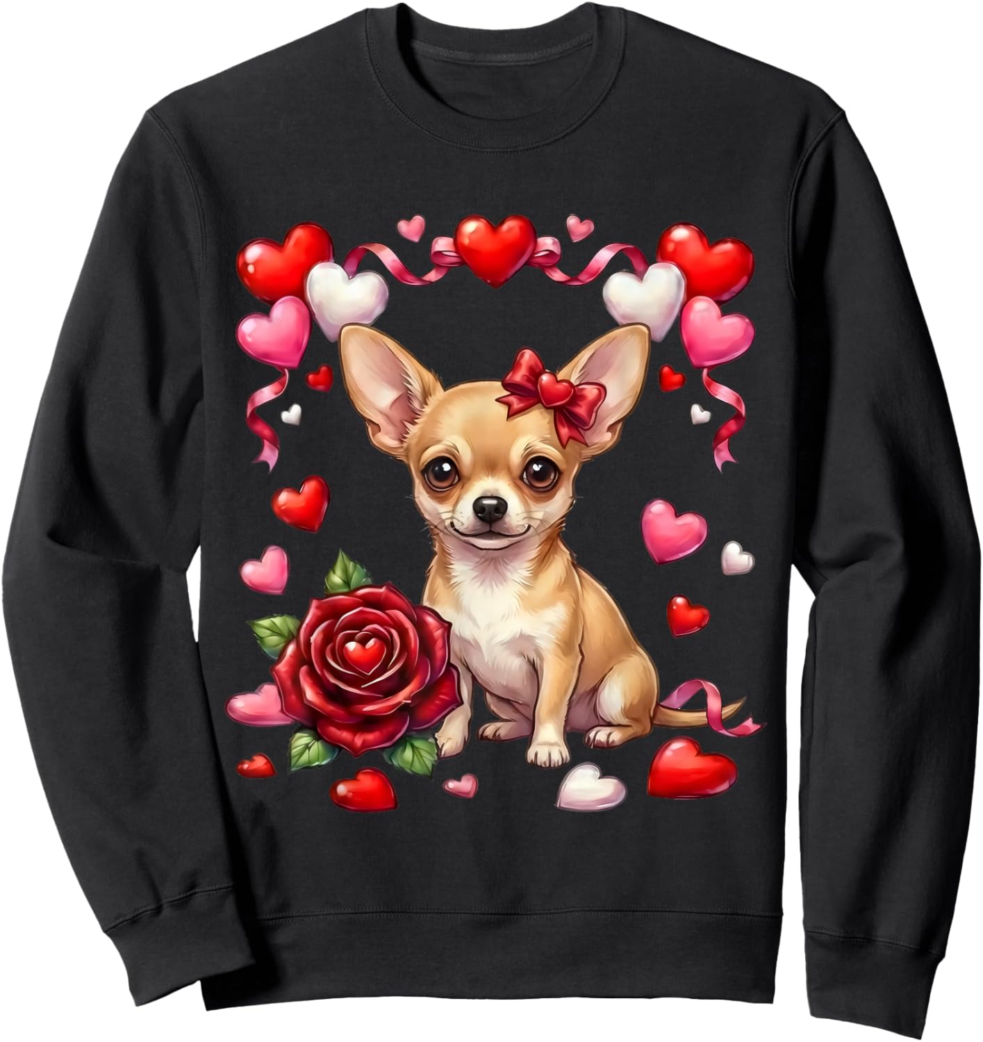 Cute Kawaii Chihuahua Dog Heart Coquette Bow Valentines Day Sweatshirt - Sweatshirt | Black