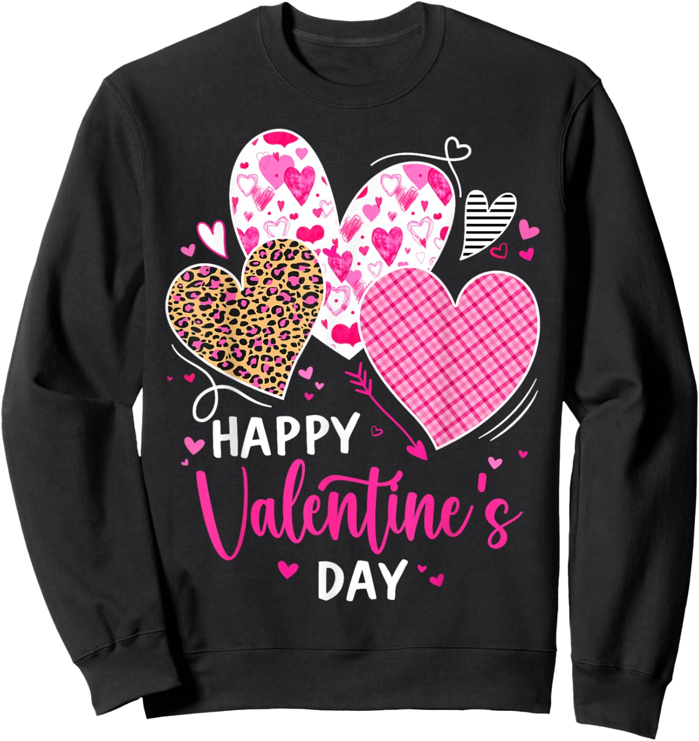 Happy Valentine's Day Leopard and Plaid Hearts Girls Women Sweatshirt - Sweatshirt | Black