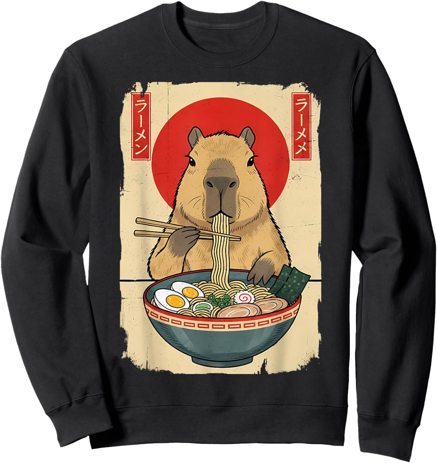 Capybara Eating Ramen Noodles Funny Vintage Japanese Anime Sweatshirt - Sweatshirt | Black
