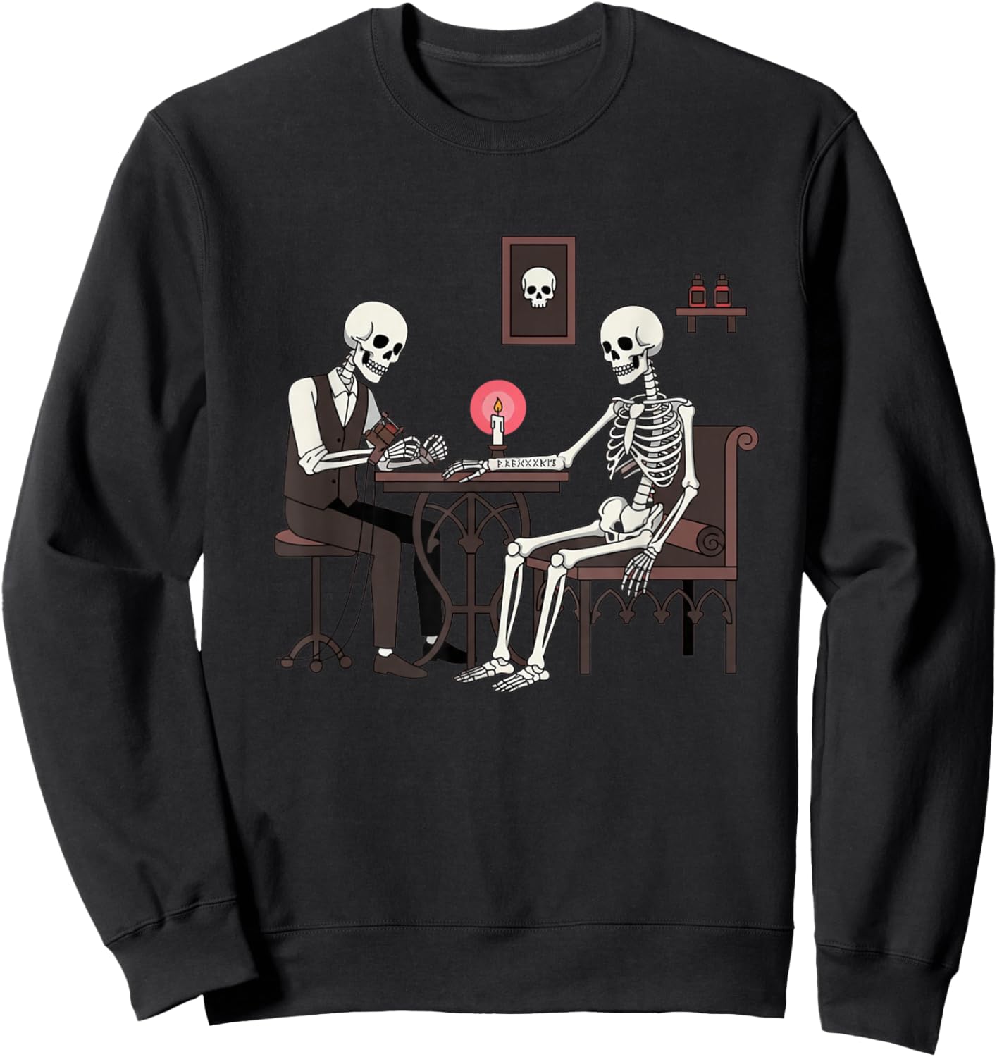 Skeleton Tattoo Artist Giving Ink to Another Skeleton Funny Sweatshirt - Sweatshirt | Black