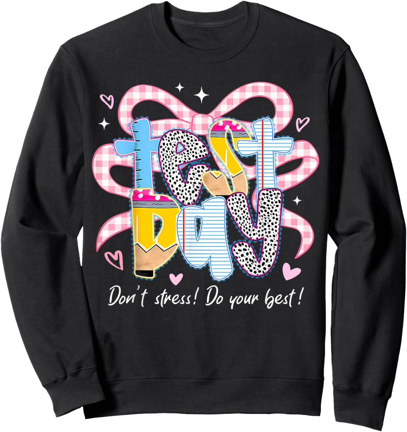 Test Day Pink Plaid Coquette Bow State Testing Teacher Kids Sweatshirt - Sweatshirt | Black