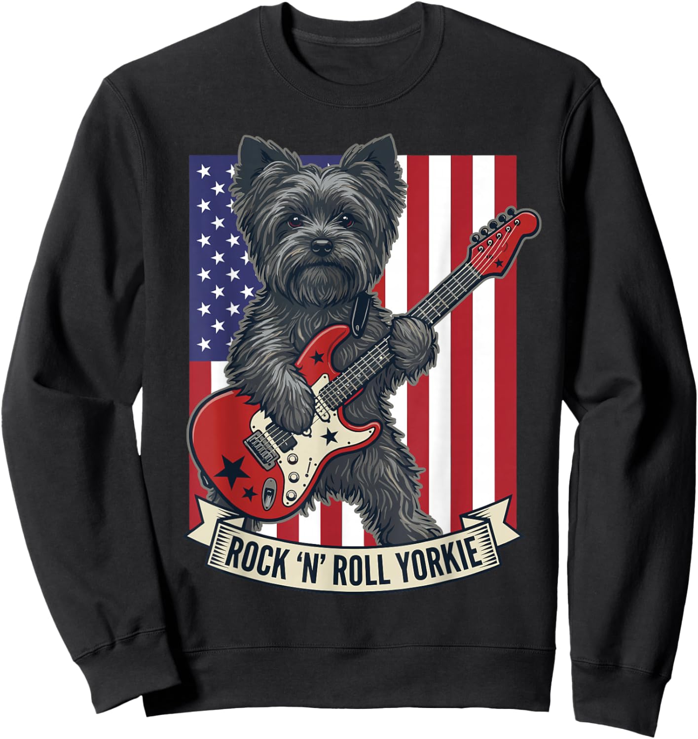 Rock N Roll Yorkie Dog Playing Guitar USA Flag Puppy Sweatshirt - Sweatshirt | Black