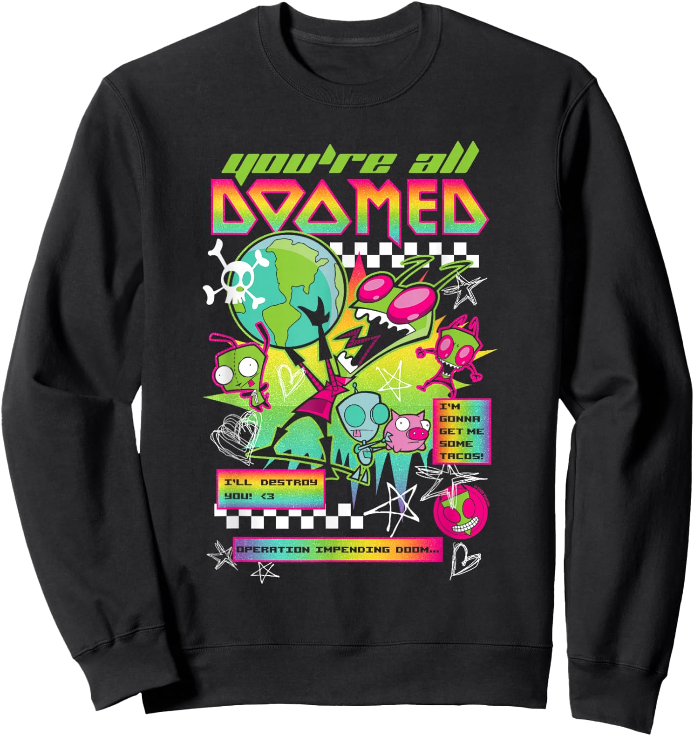 Invader Zim You're All Doomed Y2K Color Overload Cartoon Sweatshirt - Sweatshirt | Black