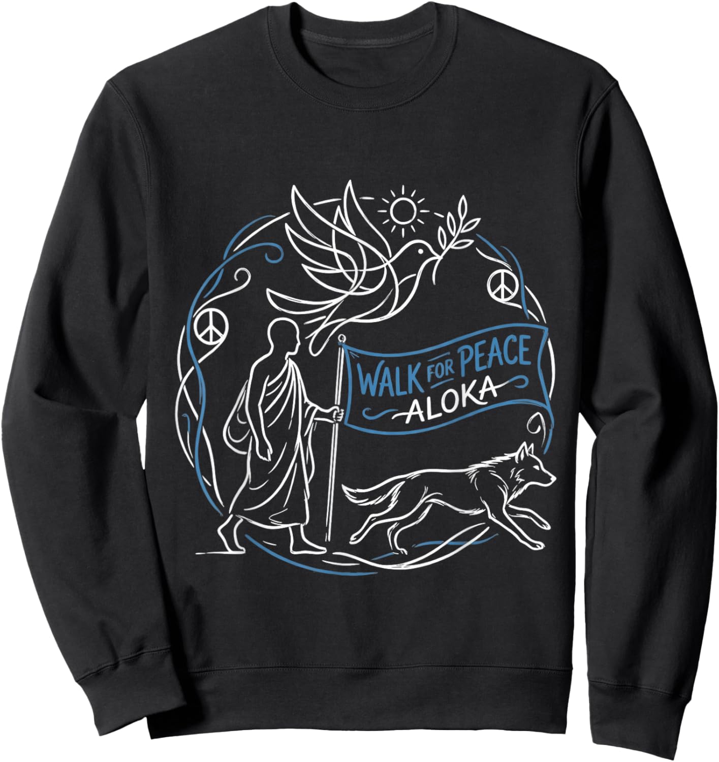 Buddhist Monk Walk for Peace Aloka Line Art Dove Sweatshirt - Sweatshirt | Black