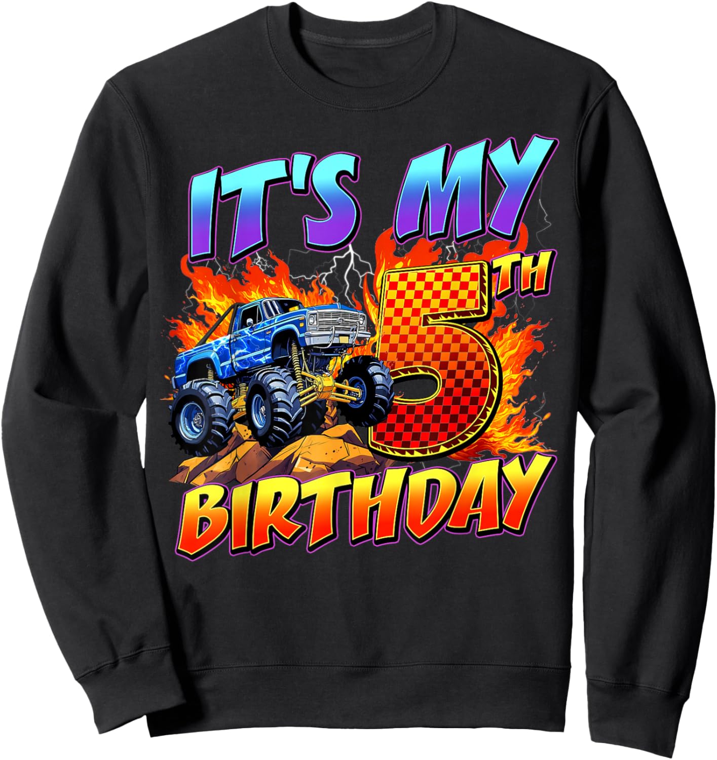 Funny It's My 5th Birthday Boy Monster Truck 5 Year Old Kids Sweatshirt - Sweatshirt | Black