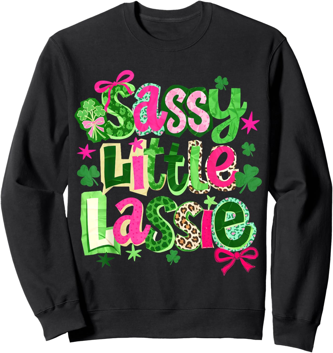 St Patricks Day Sassy Little Lassie Kids Girls Bow Shamrock Sweatshirt - Sweatshirt | Black