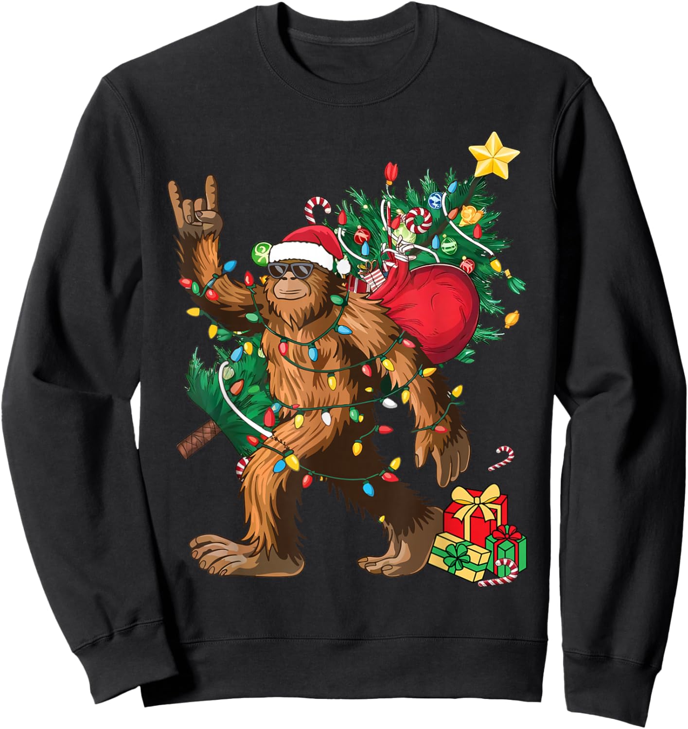 Bigfoot Christmas Tree Lights Xmas Boys Men Sasquatch Lovers Sweatshirt - Sweatshirt | Black