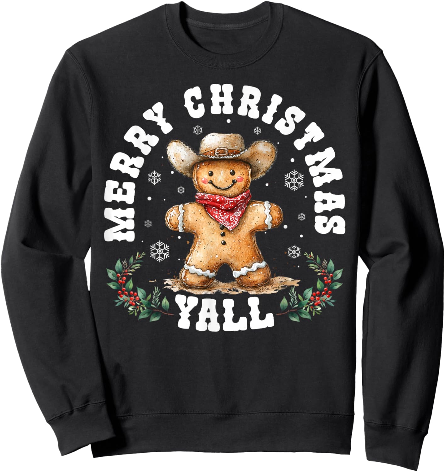 Merry Christmas Yall Gingerbread Cowboy Western Xmas Pajamas Sweatshirt - Sweatshirt | Black